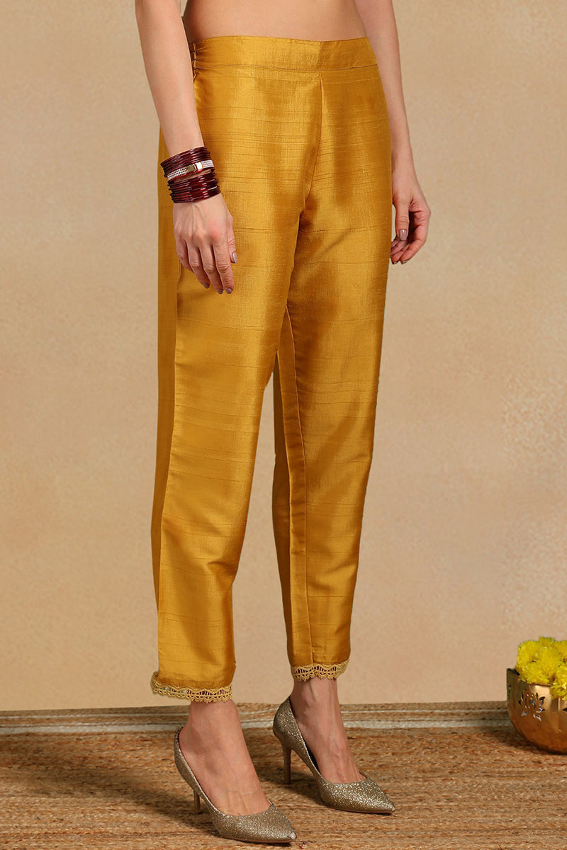 Mustard Yellow Silk Blend Floral Embroidered Straight Suit Set | SHOBITAM