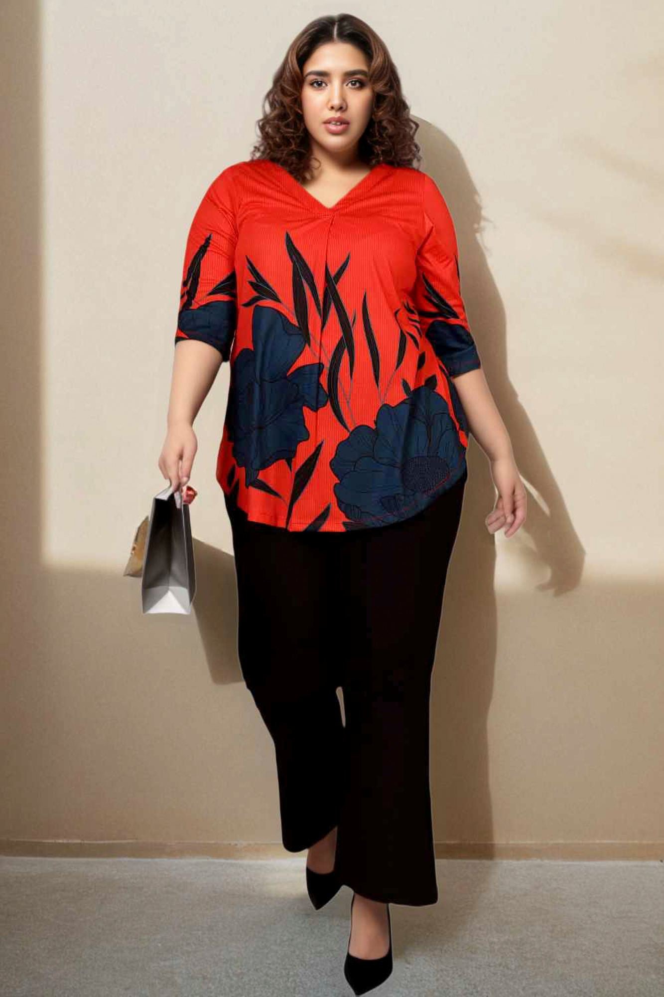 Red Teal Print Plus Size Top in Soft knitted fabric | Made to Order