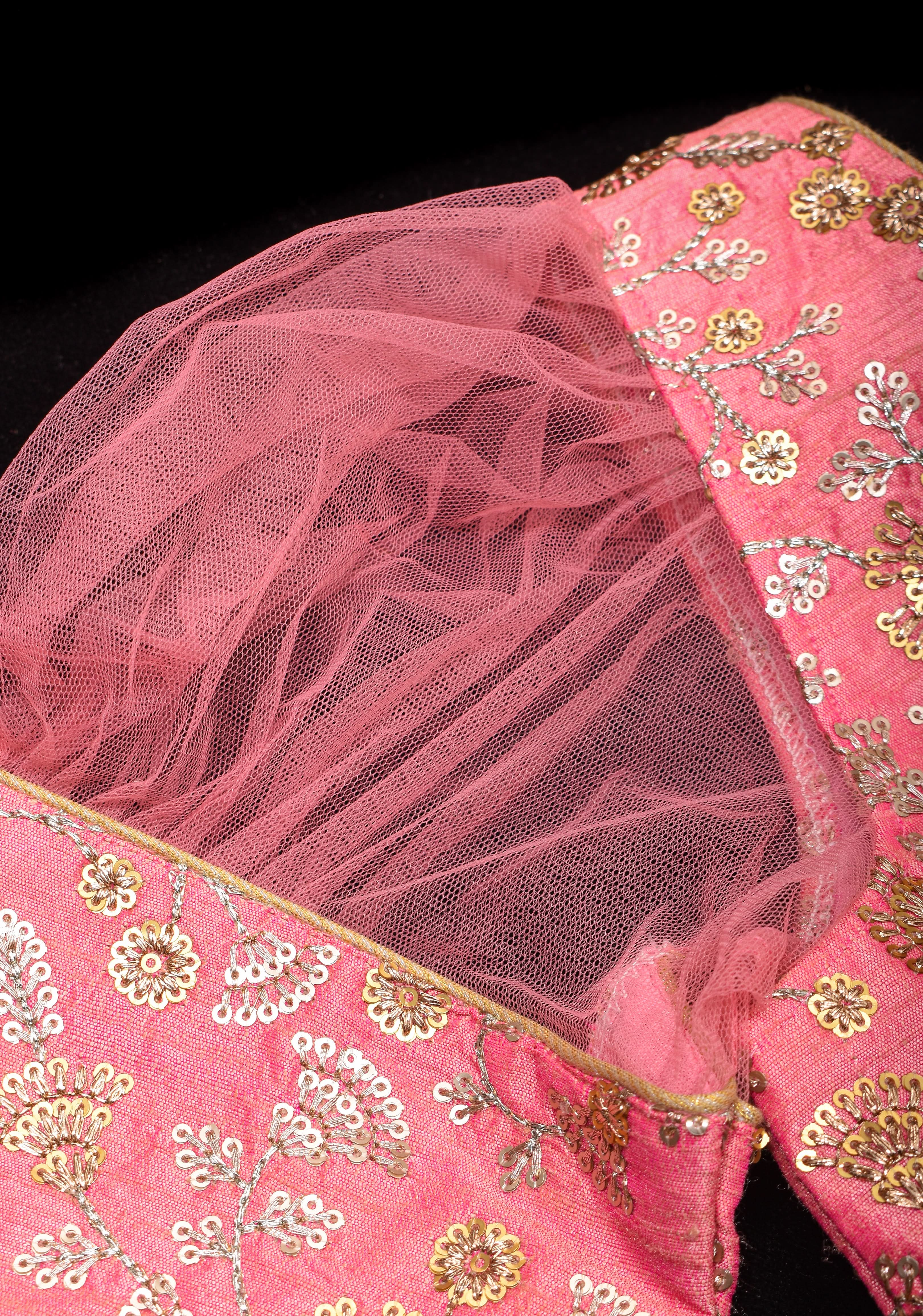 Carnation Pink sequin embroidery blouse with sheer puff sleeve | Shobitam