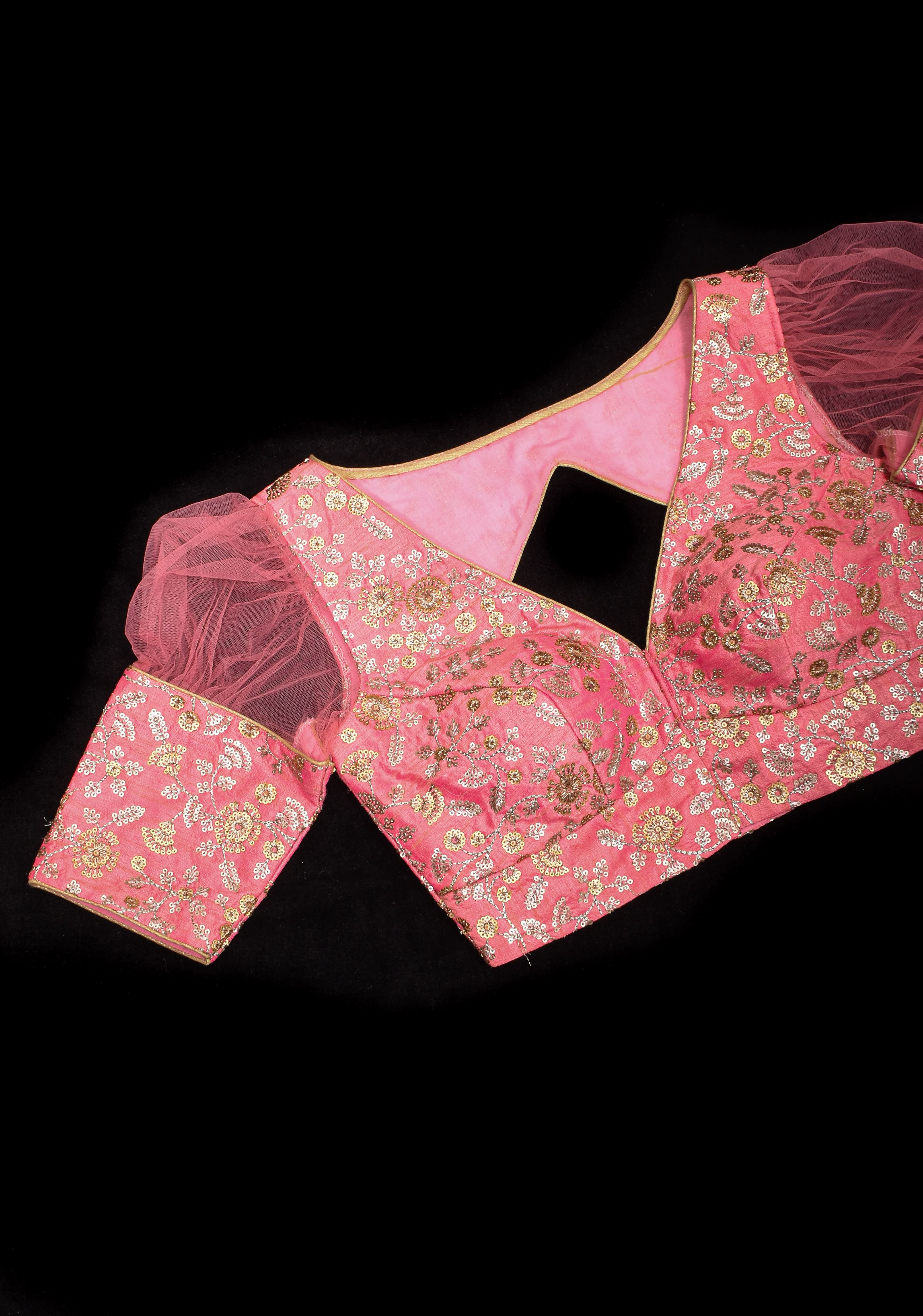 Carnation Pink sequin embroidery blouse with sheer puff sleeve | Shobitam
