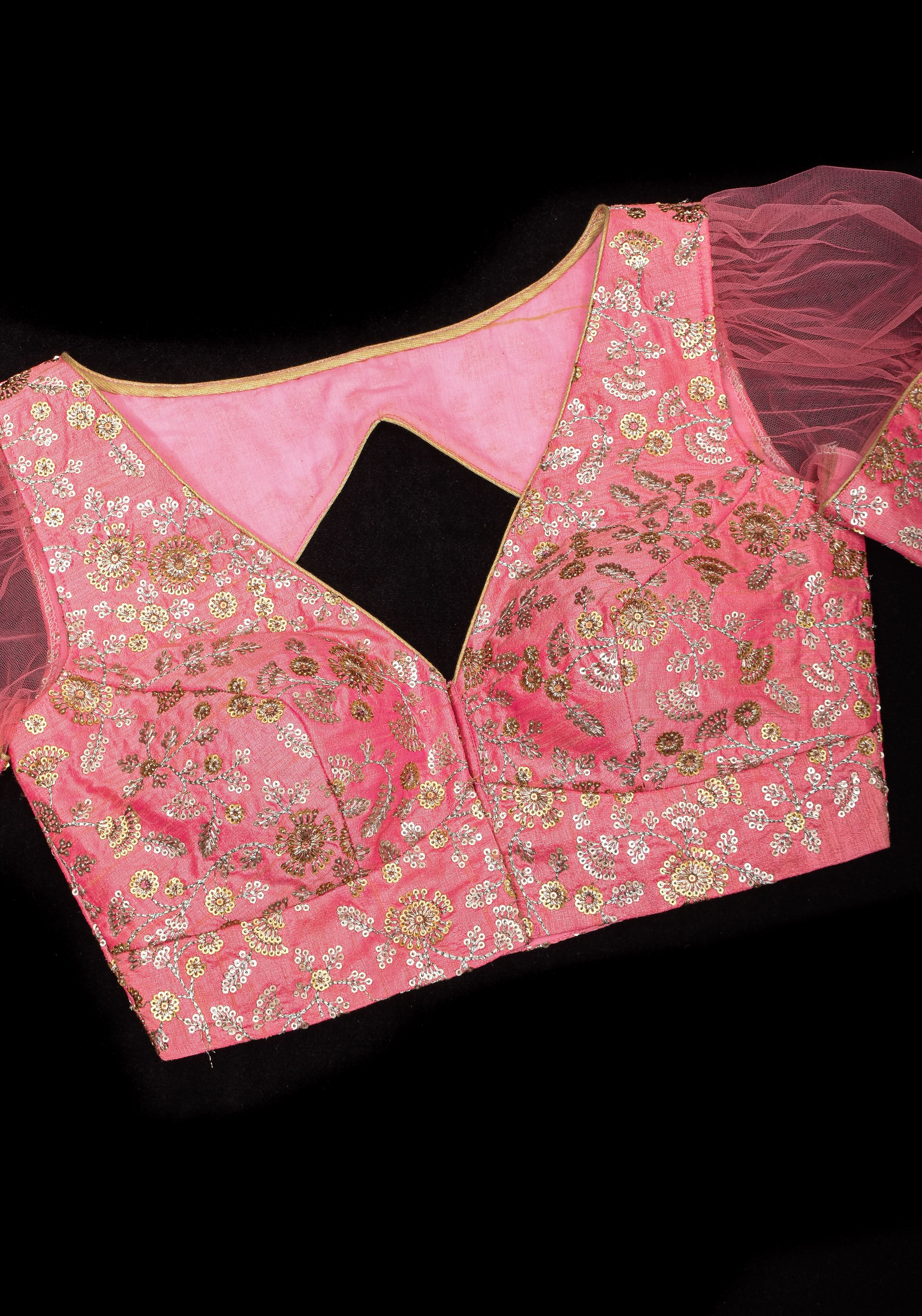 Carnation Pink sequin embroidery blouse with sheer puff sleeve | Shobitam