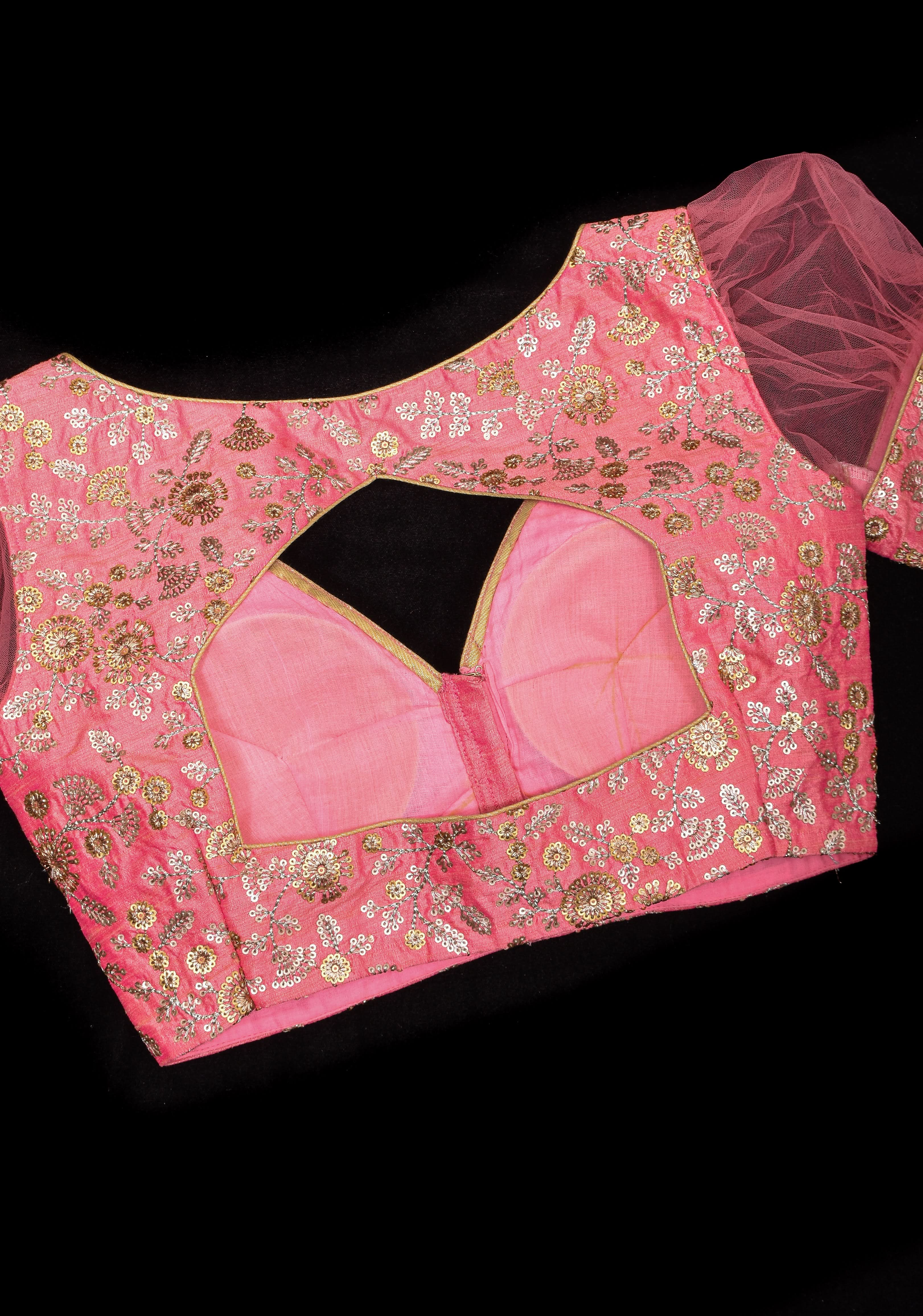 Carnation Pink sequin embroidery blouse with sheer puff sleeve | Shobitam