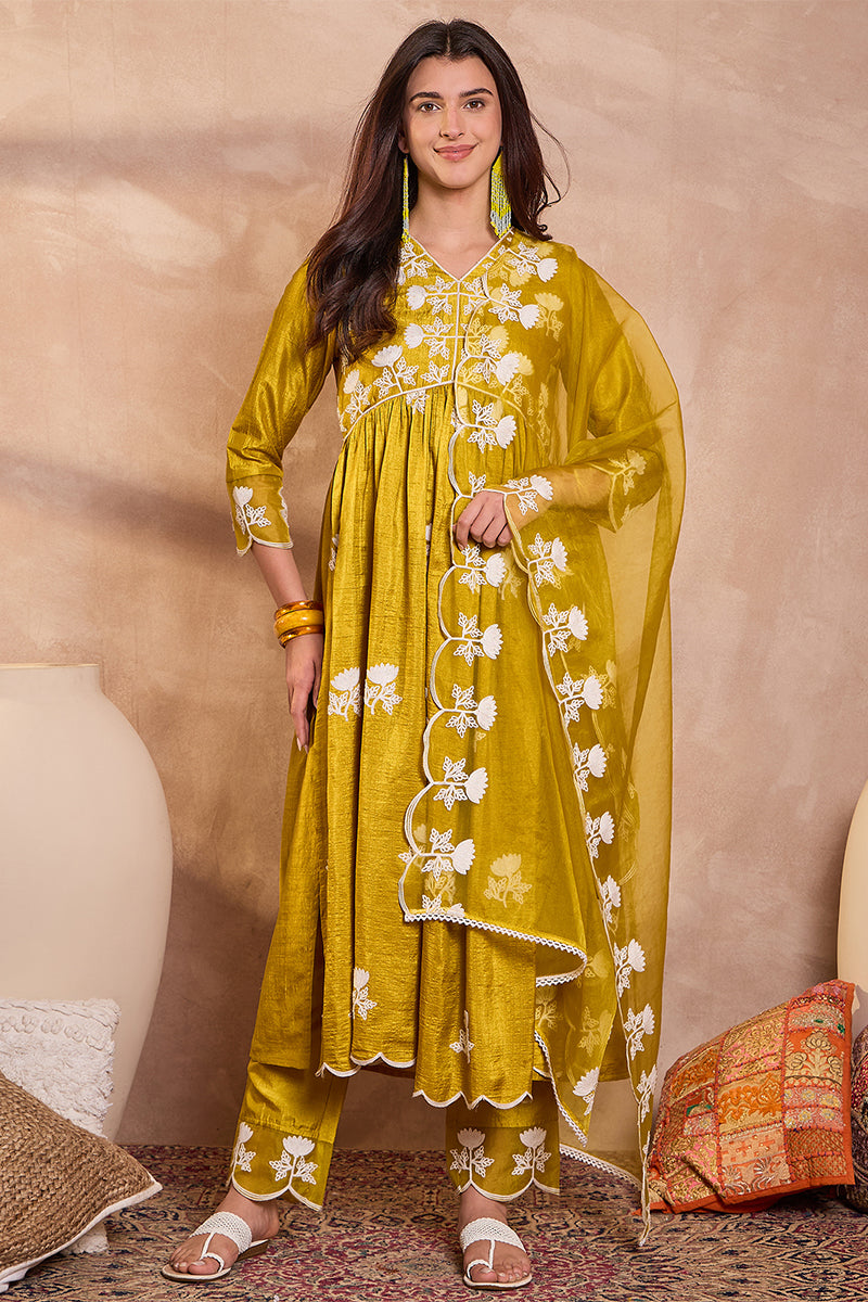 Mustard Silk Blend Solid Embroidered A-Line Kurta Trouser With Dupatta | Shobitam