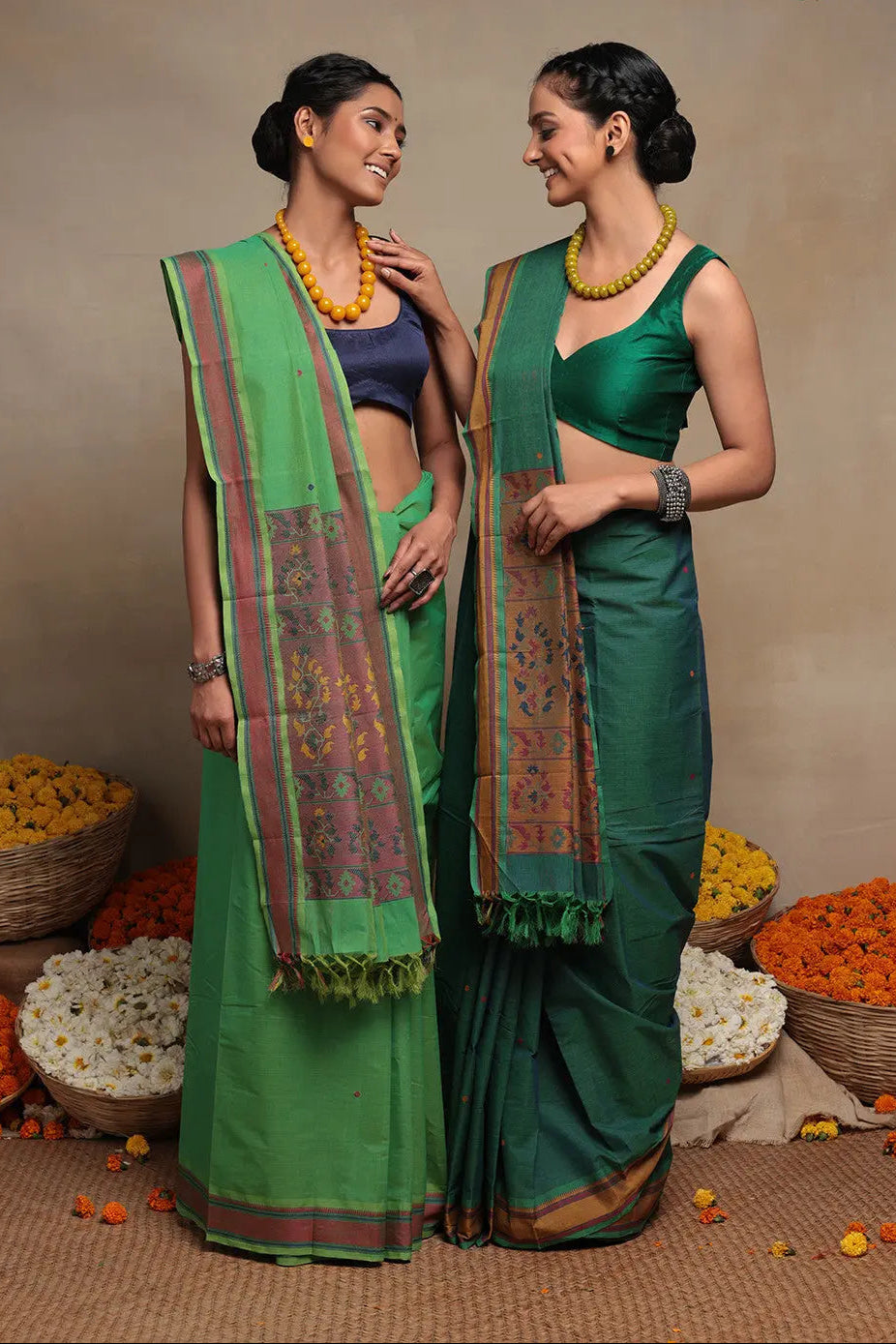 Emerald Green Pure Cotton Saree | Shobitam