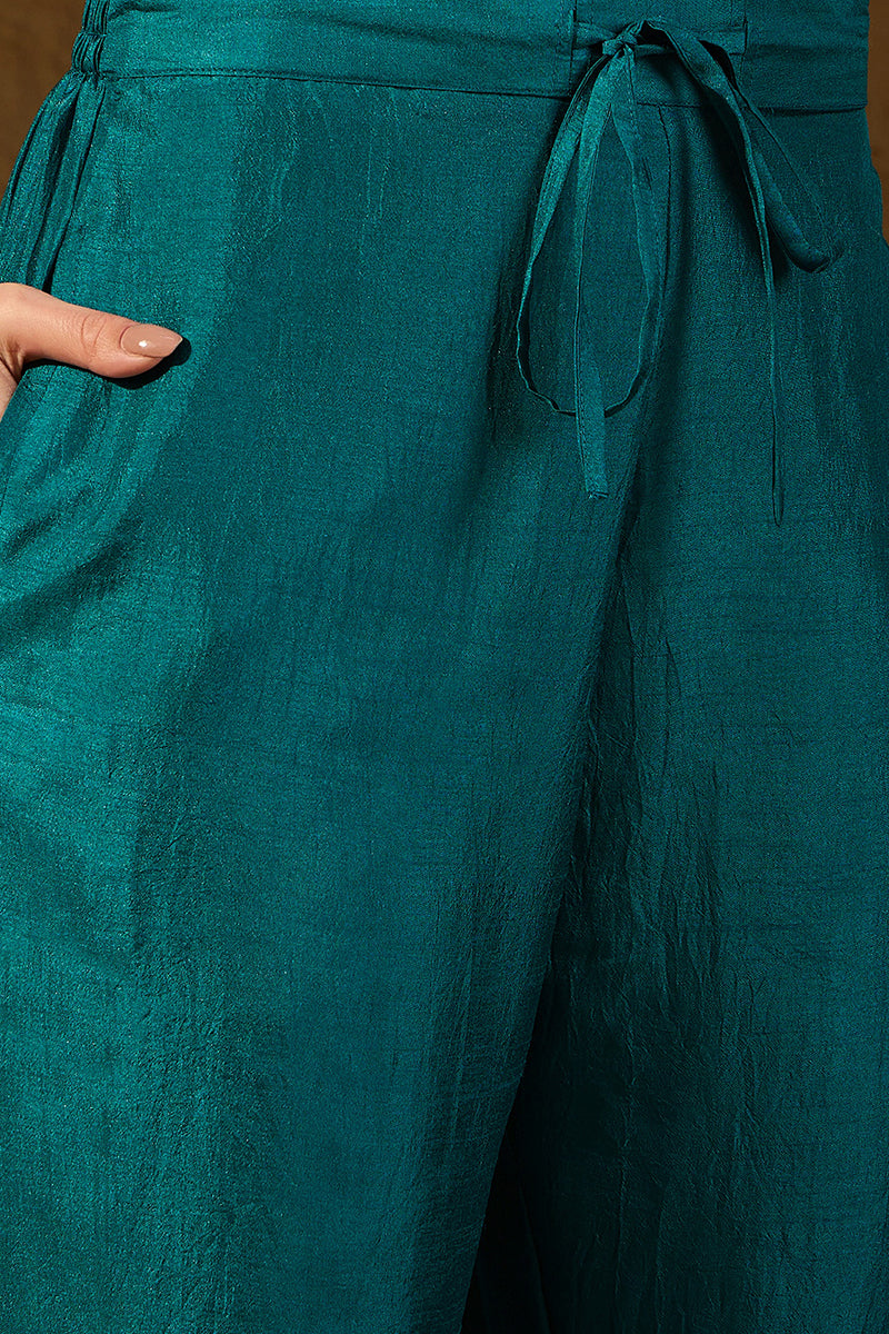 Teal Silk Blend Solid Embroidered A-Line Kurta Trouser With Dupatta | SHOBITAM