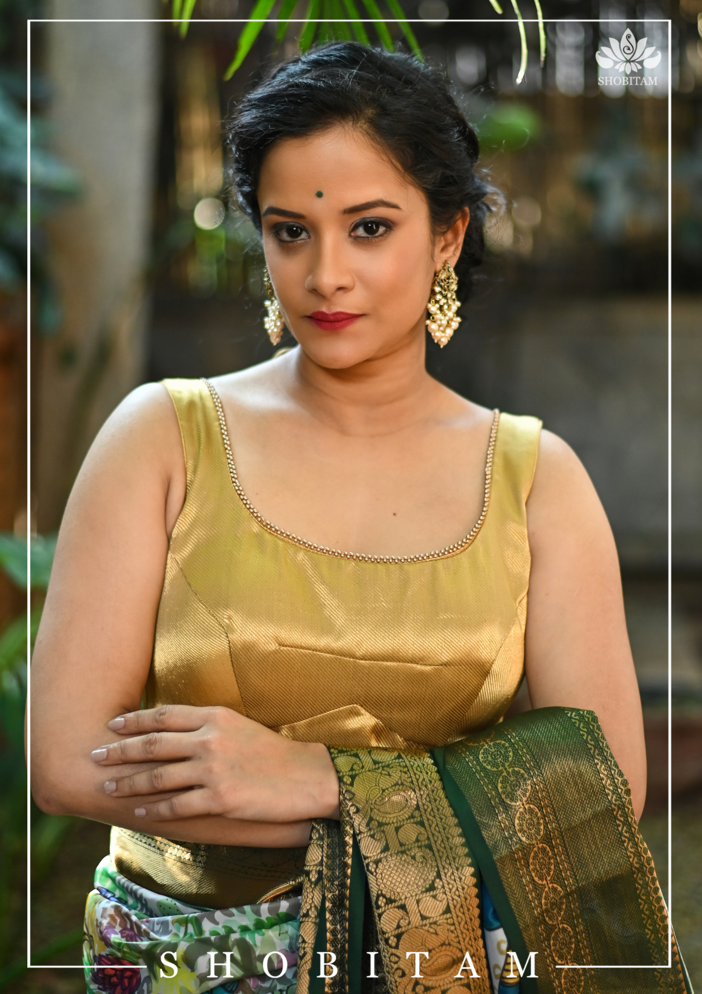 Made to Measure: Gold brocade U neck sleeveless blouse | Shobitam