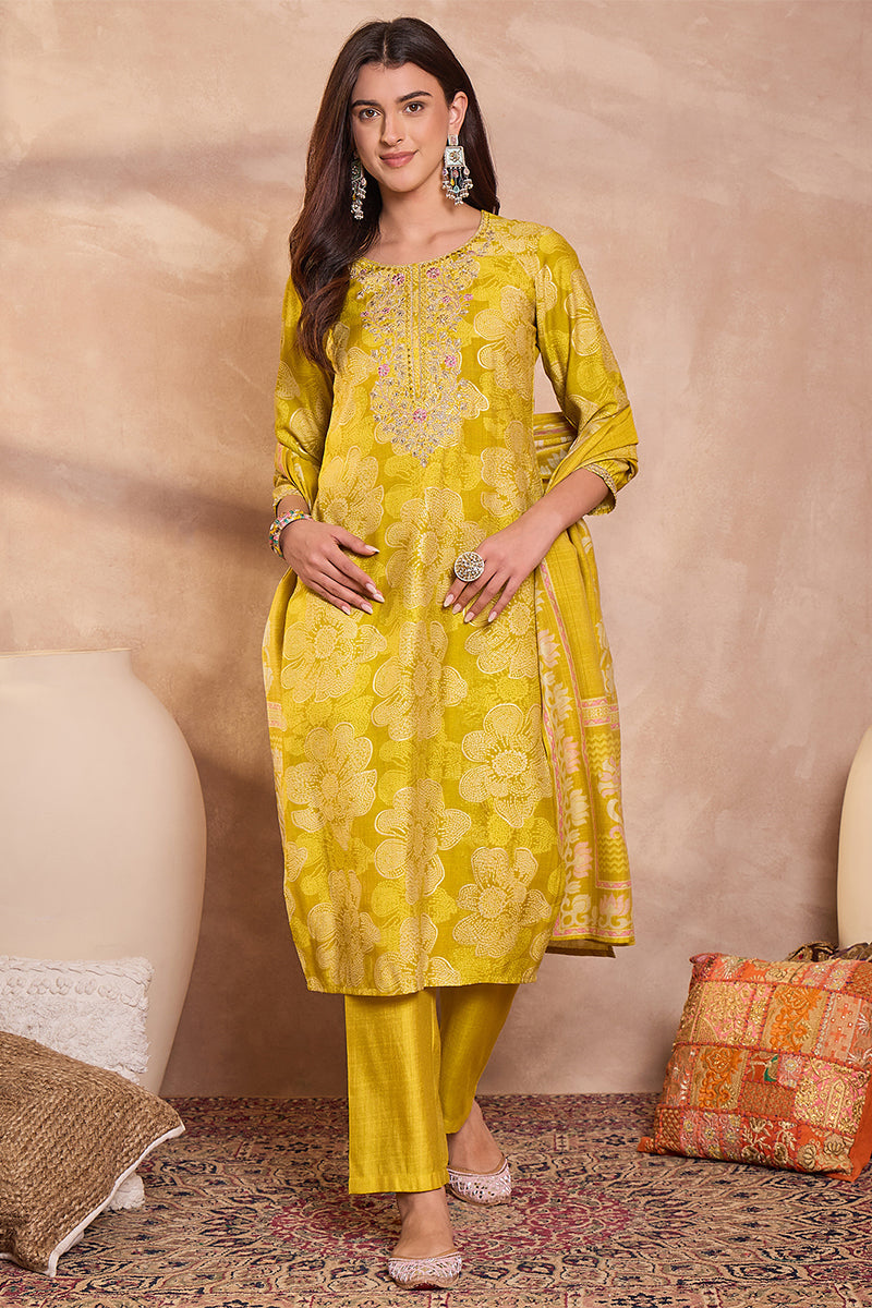 Yellow Poly Silk Floral Printed Straight Kurta Trouser With Dupatta | SHOBITAM