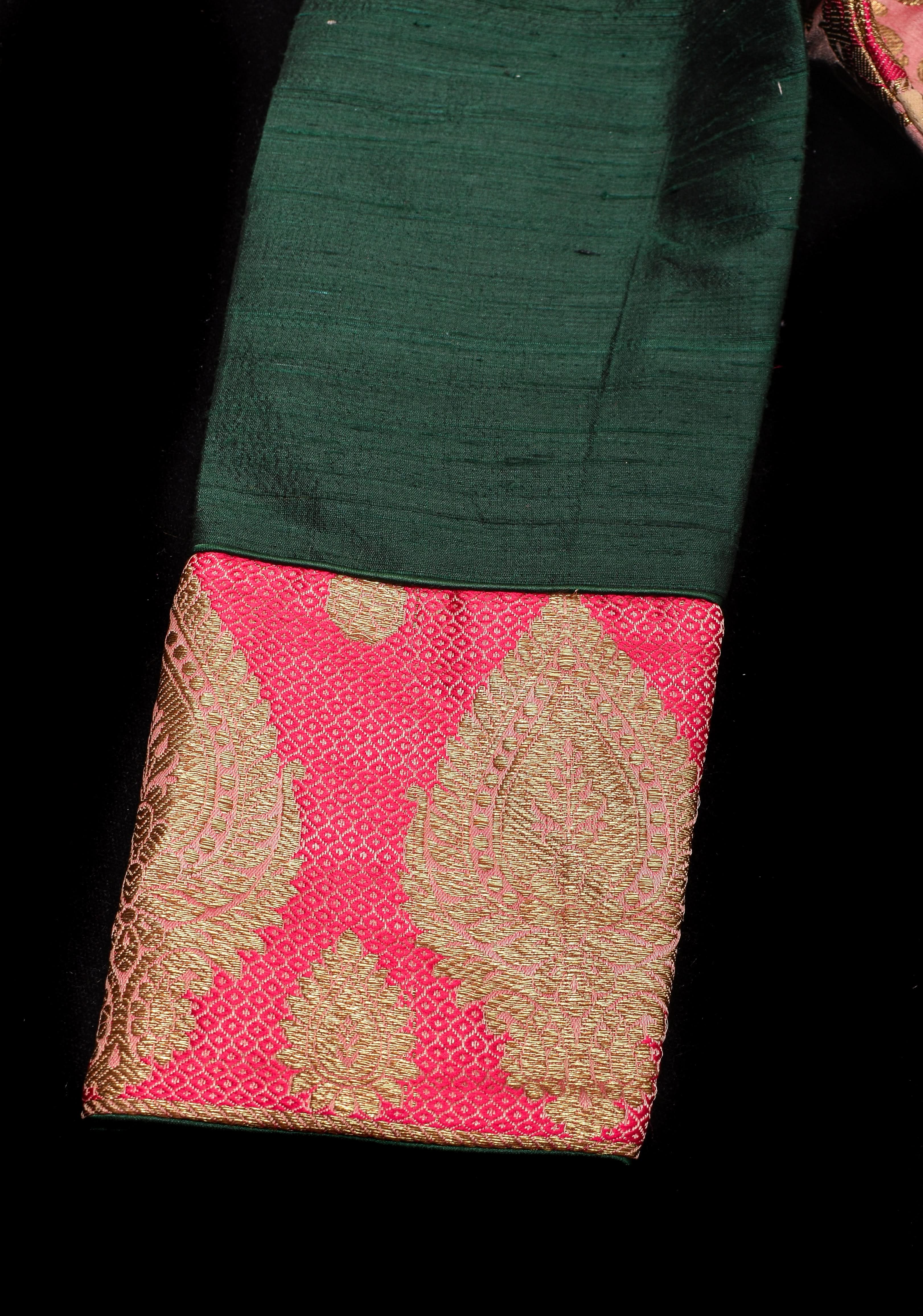 Banarasi brocade and Bottle Green pure Raw silk blouse with 3/4 sleeves | Shobitam