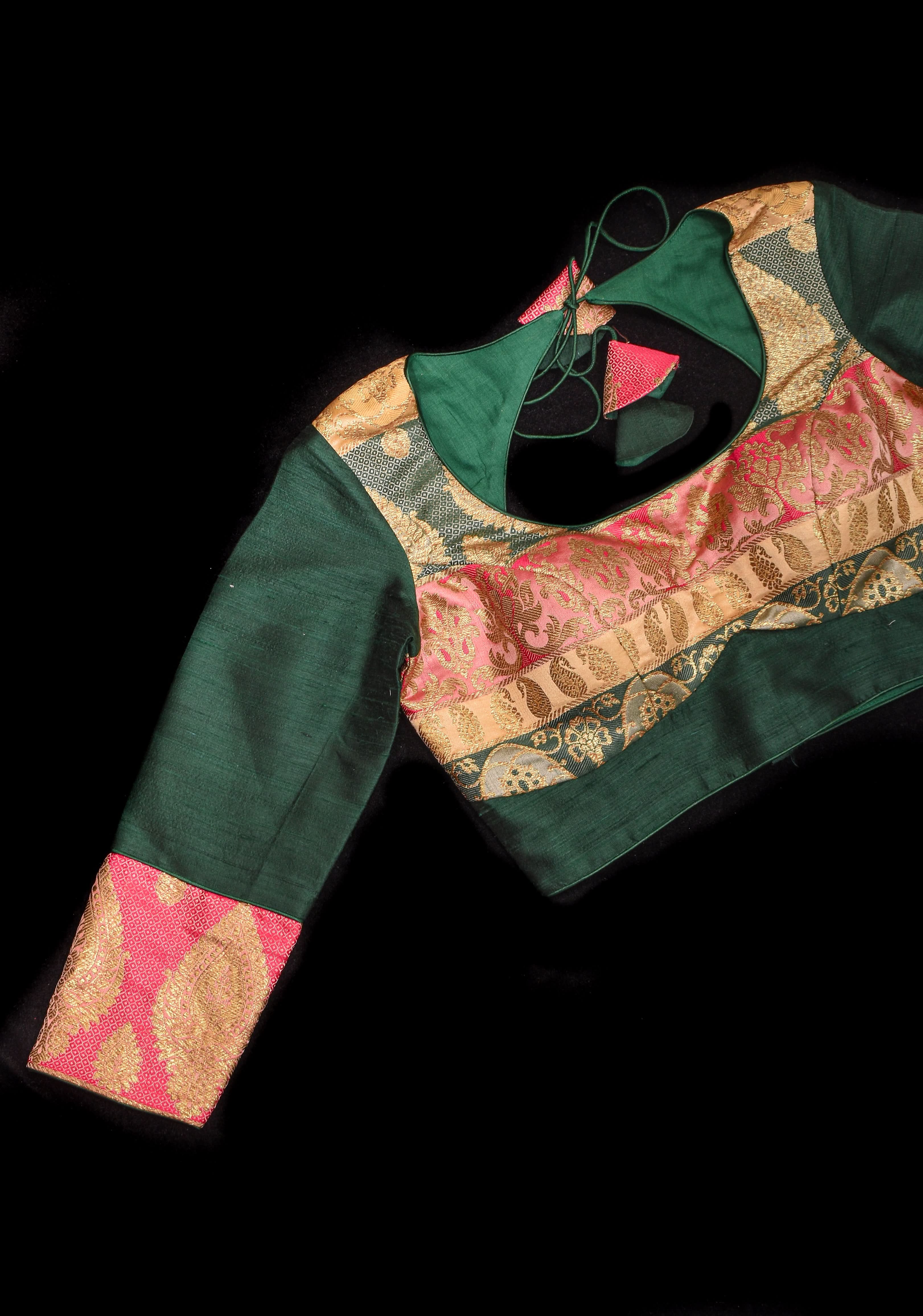 Banarasi brocade and Bottle Green pure Raw silk blouse with 3/4 sleeves | Shobitam