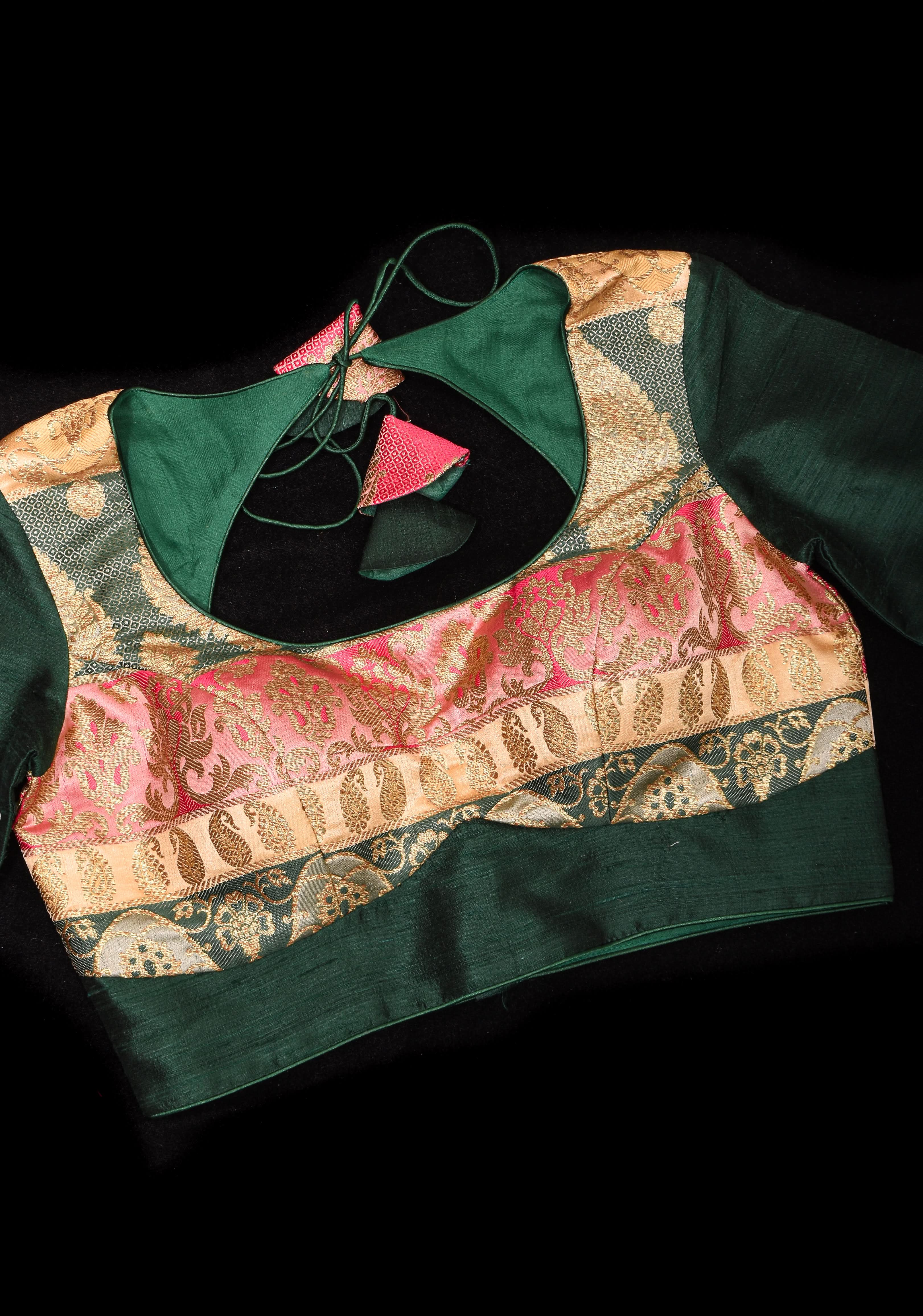 Banarasi brocade and Bottle Green pure Raw silk blouse with 3/4 sleeves | Shobitam
