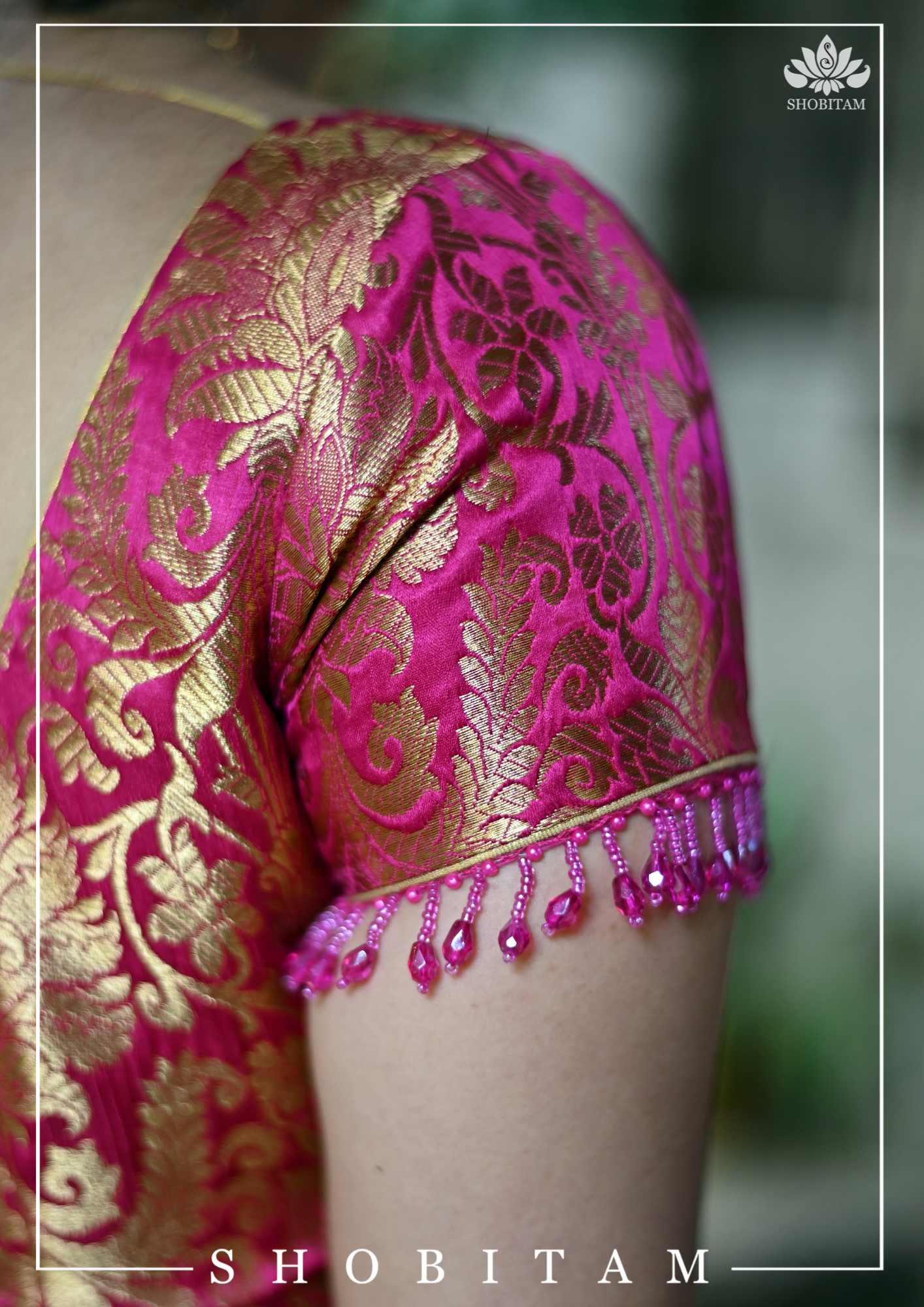 Rani Pink Banarasi Brocade Blouse with Back tie design and dangling beads | Shobitam