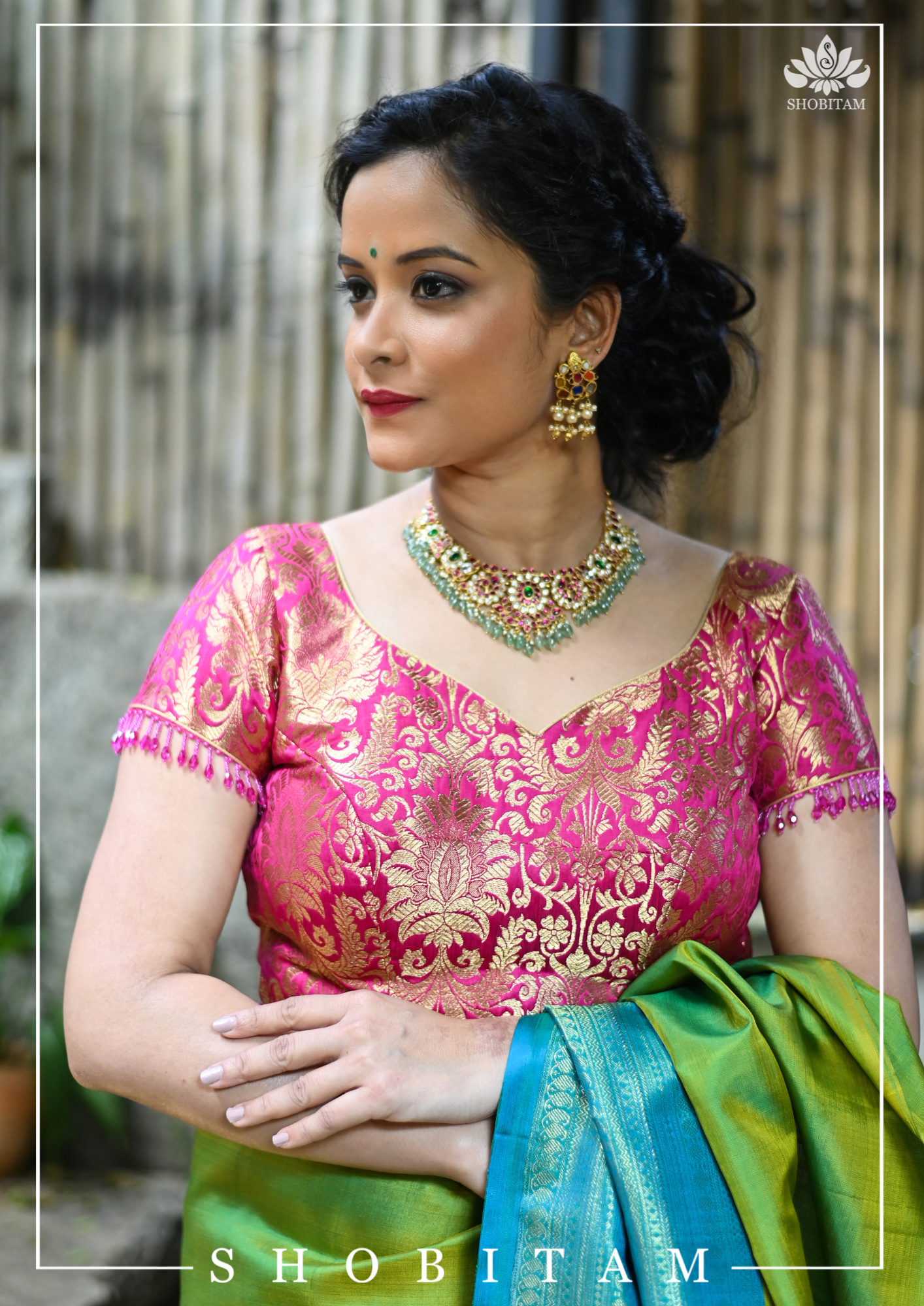 Rani Pink Banarasi Brocade Blouse with Back tie design and dangling beads | Shobitam