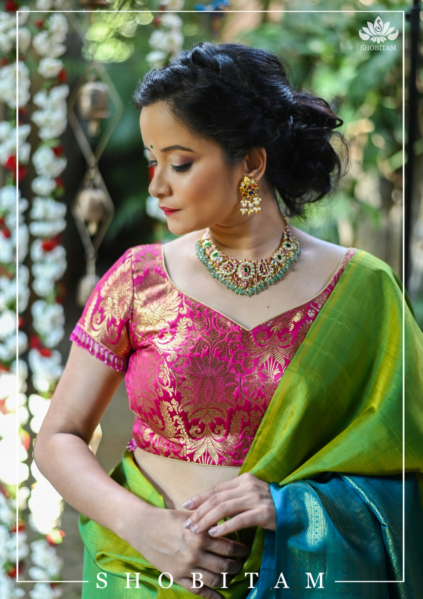 Rani Pink Banarasi Brocade Blouse with Back tie design and dangling beads | Shobitam