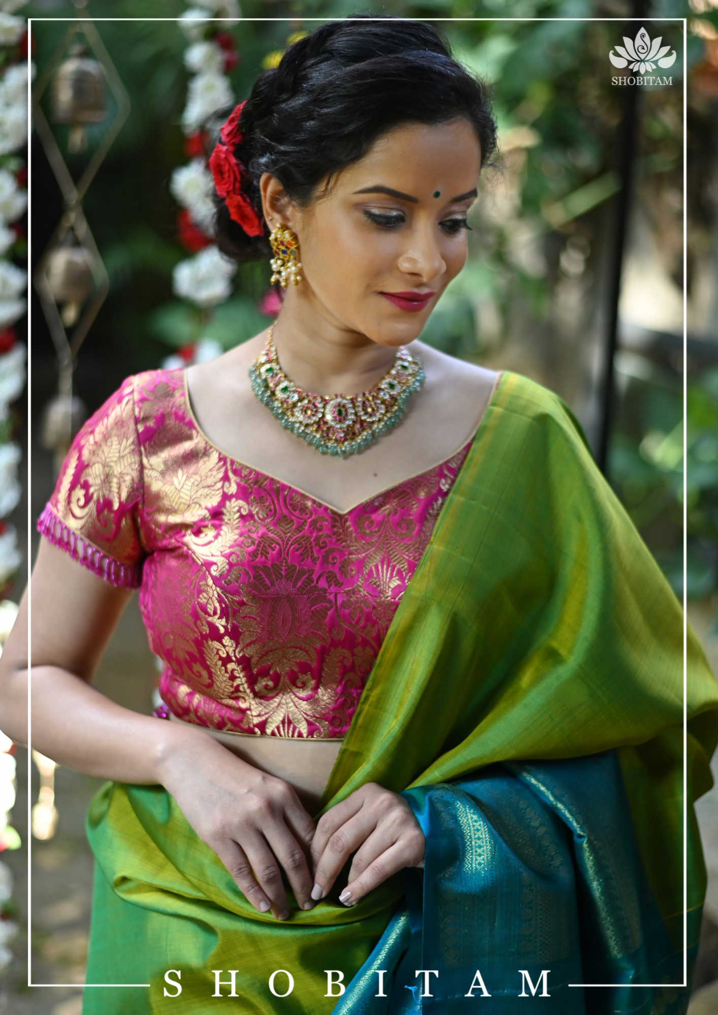 Rani Pink Banarasi Brocade Blouse with Back tie design and dangling beads | Shobitam