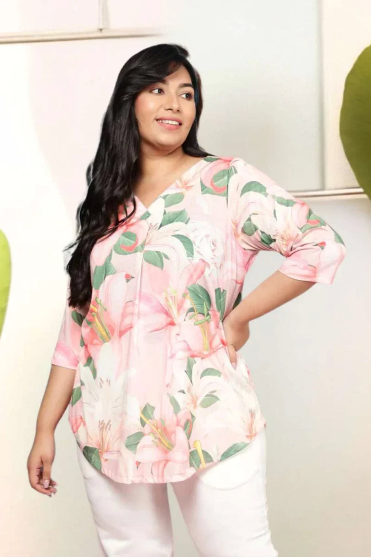 Plus Size Light Pink Floral Centre Pleat Top in Soft Blended Knitted fabric for Women | Made to Order