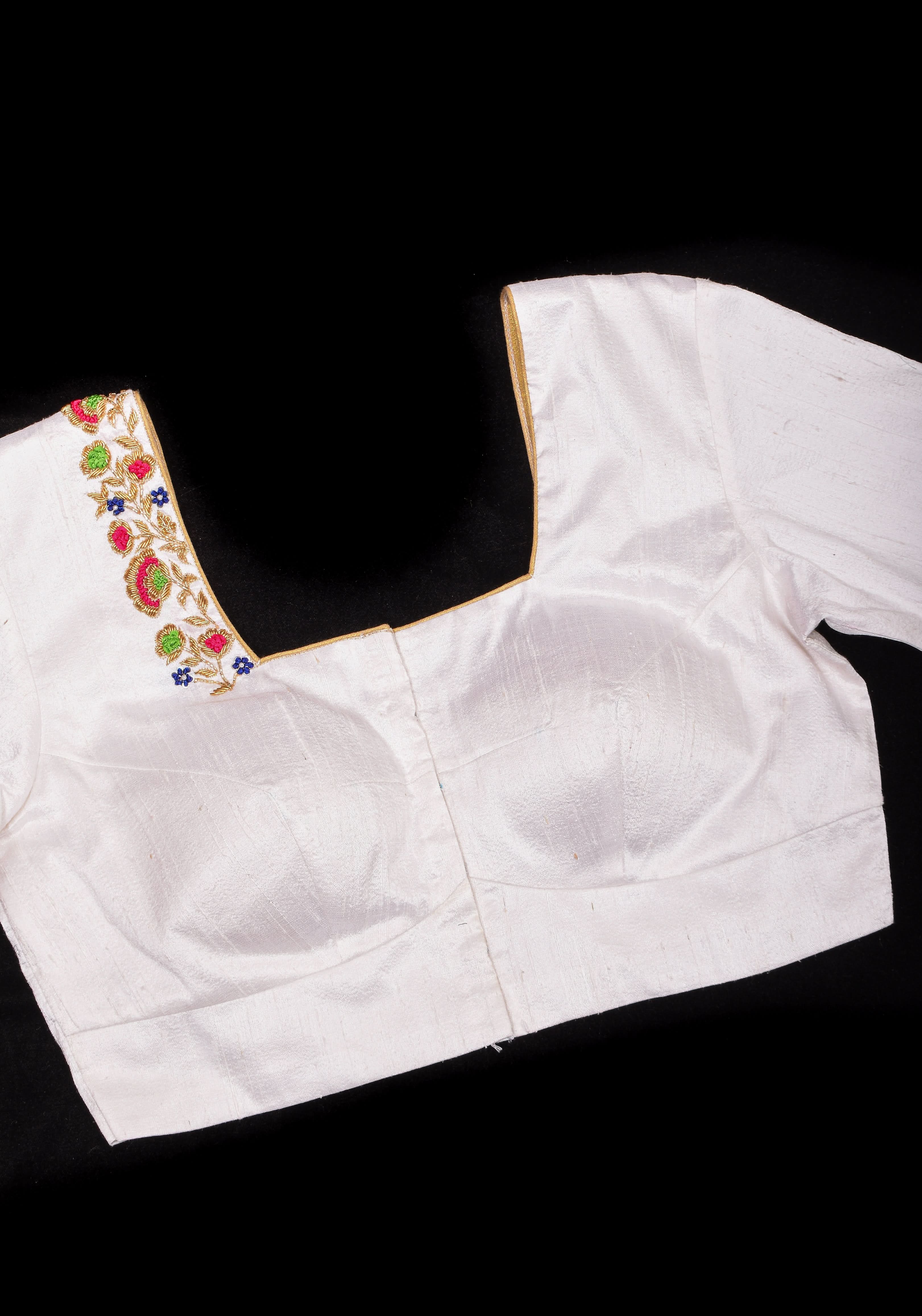 Off White Pure Raw Silk Blouse with multicolor Resham Hand Embroidery | Shobitam
