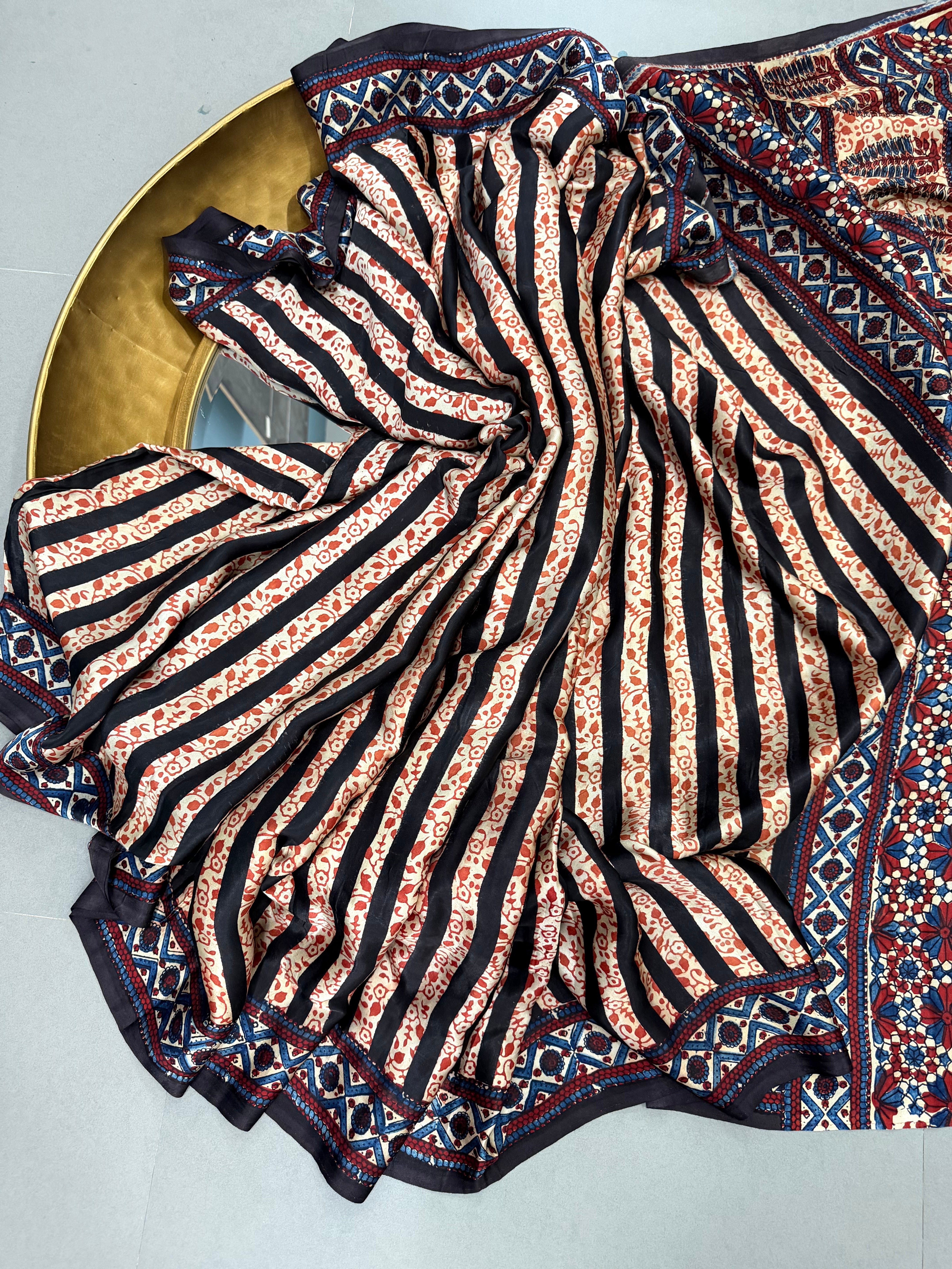 Black-Red-Beige Ajrakh Hand Block Print on Modal Silk Saree with Border | Shobitam