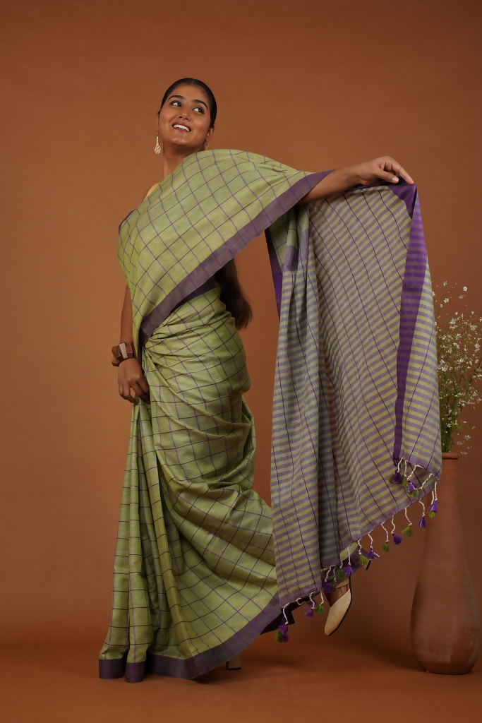 Vanika Rekha Handwoven Olive Green Cotton Saree | SHOBITAM
