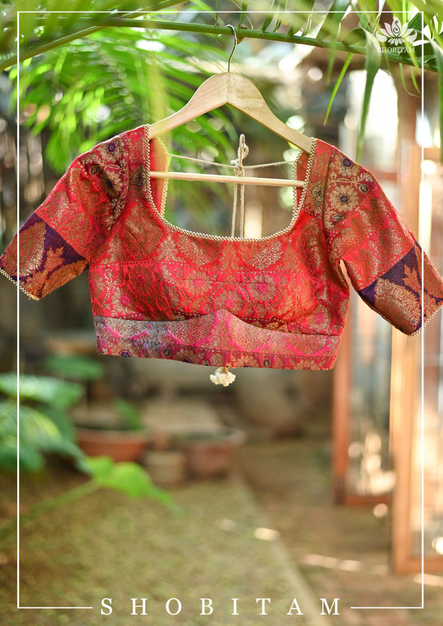 Banarasi Multicolor Panel design Zari Brocade Blouse with Antique tone zari | Shobitam