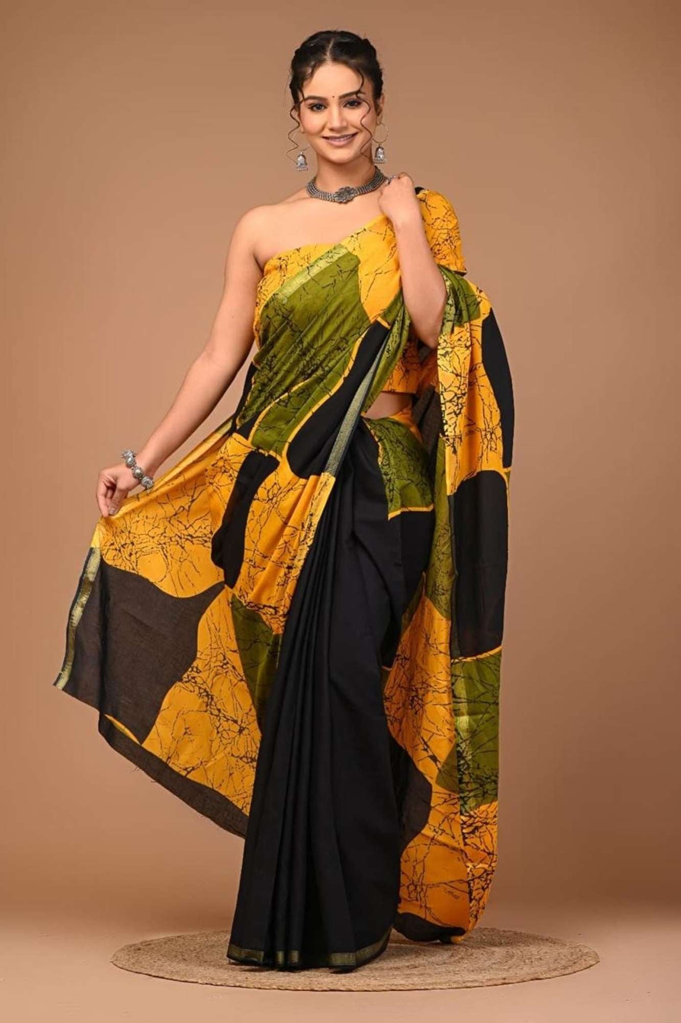 Cotton Batik with Yellow-Green Pallu & Black Base Ready To Wear Saree