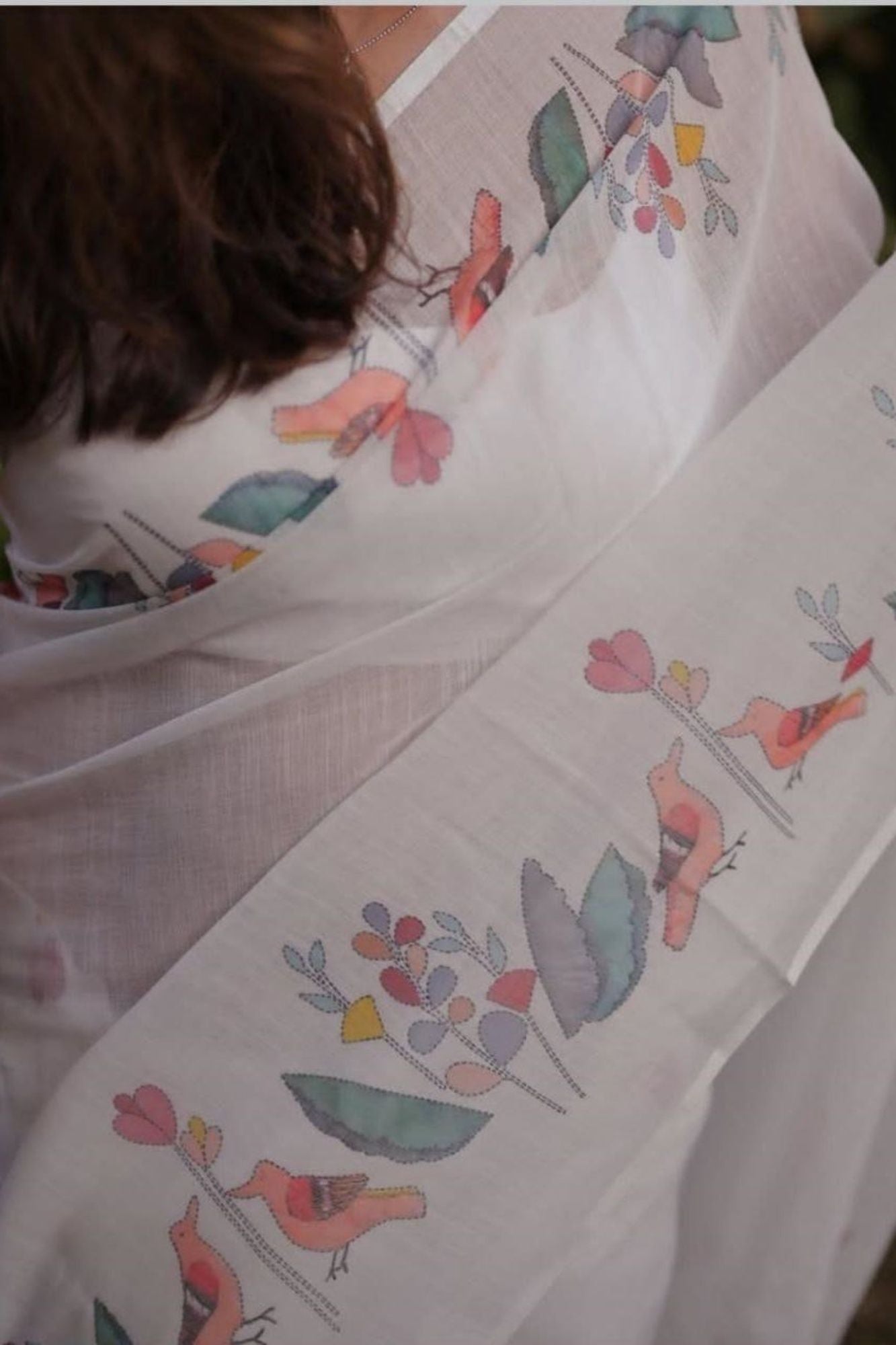 Linen Digital Print in Nature-Inspired Bird & Floral Motif Ready To Wear Saree