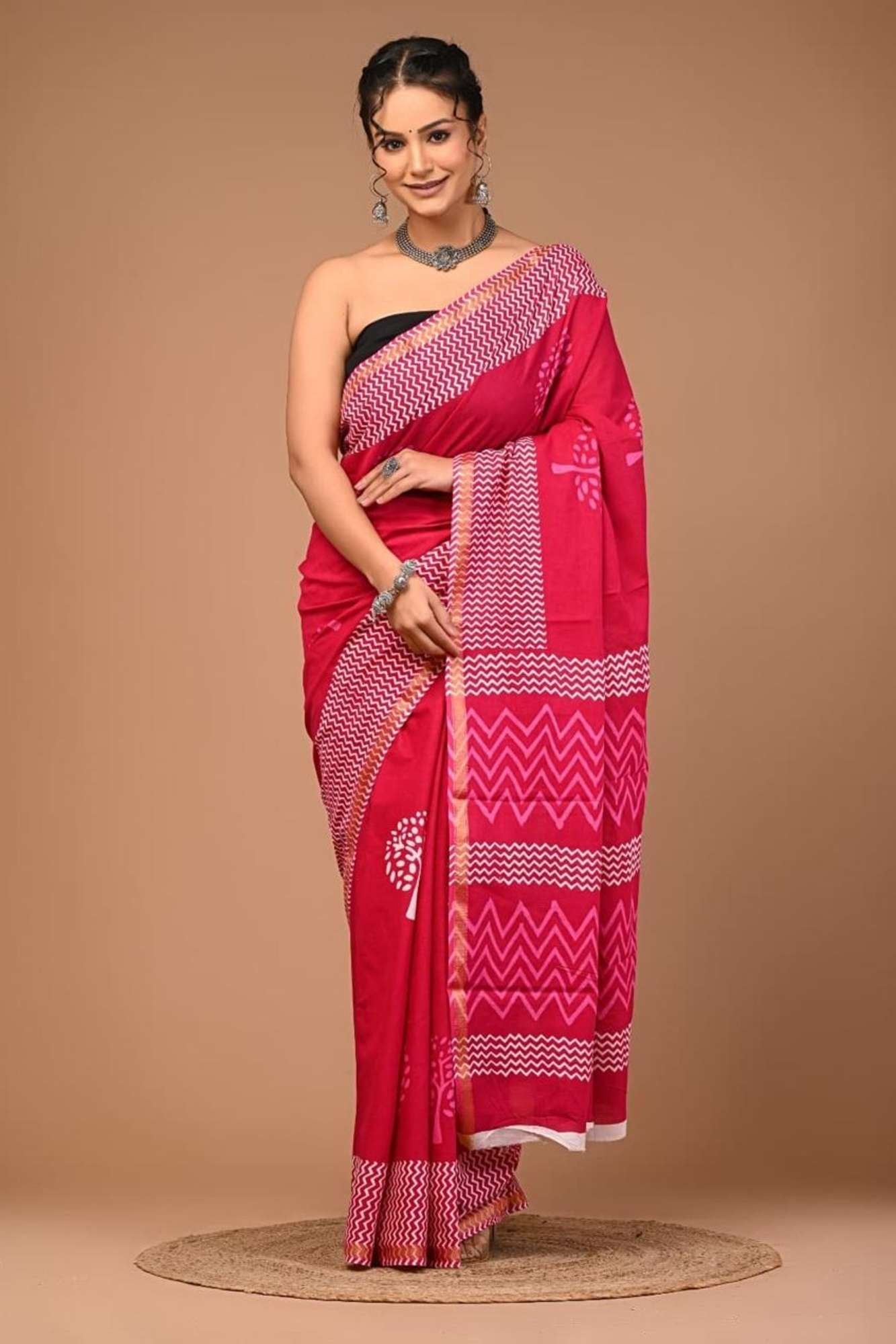 Cotton Jaipuri Print Saree with Red-White Paisley Pallu & Border Ready To wear Saree
