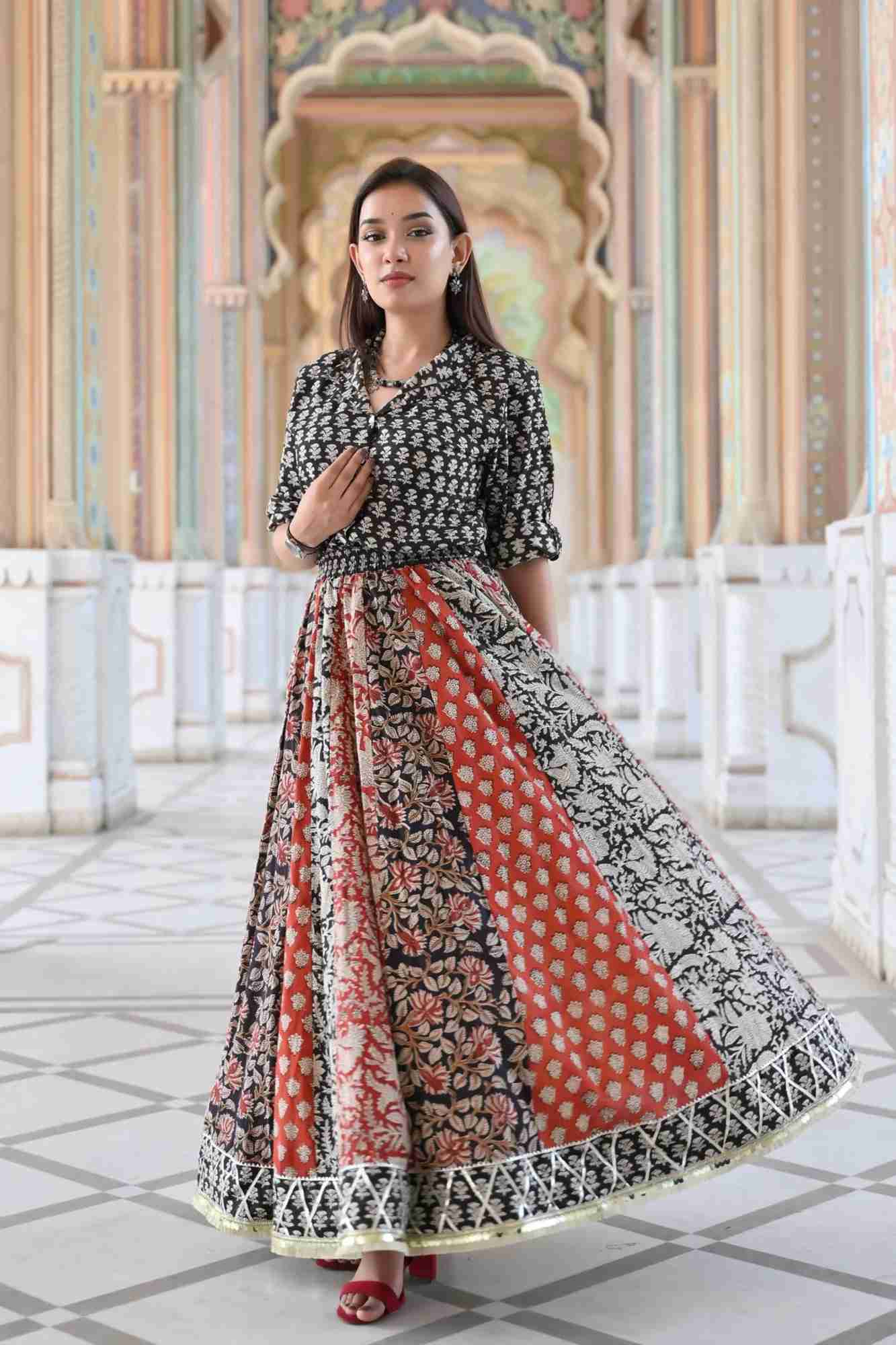 Kalamkari Block print Kalidar Skirt and Mandarin Collar shirt| Made To Order