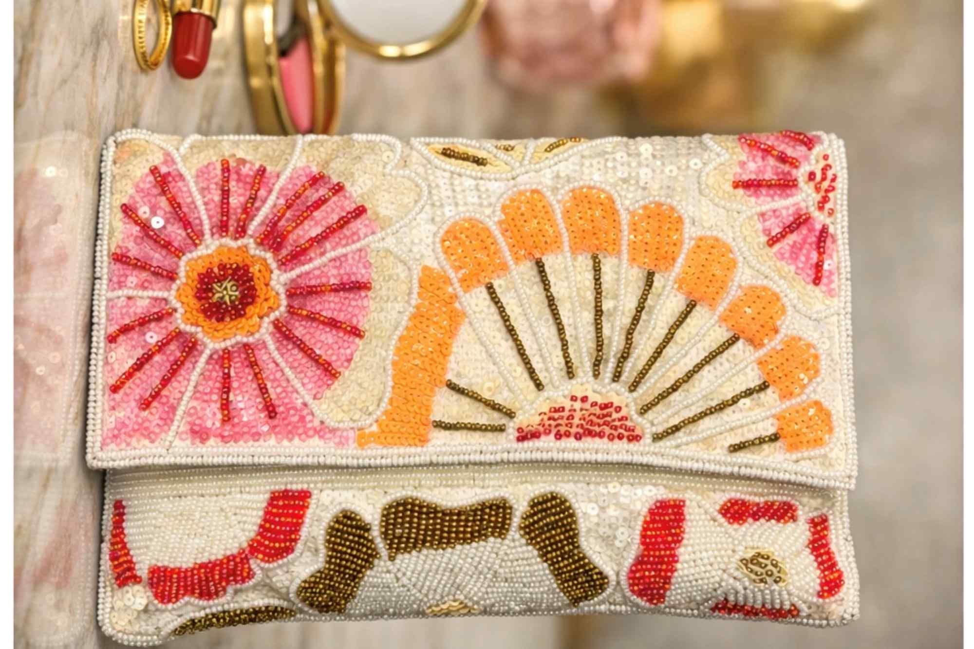 Pastel Bloom Hand-Beaded Floral Embroidered Clutch