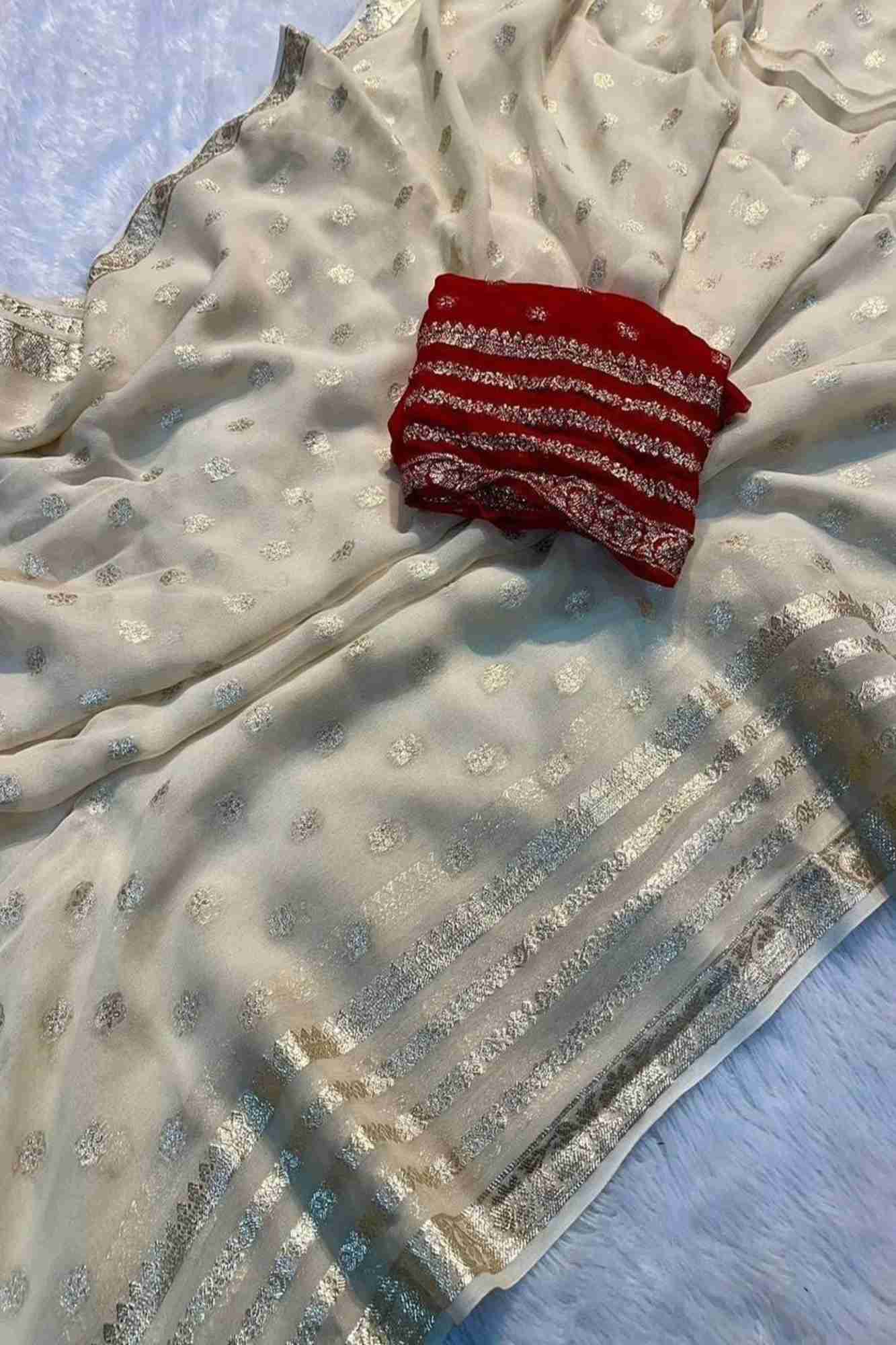 Georgette in Off-White with Gold/Silver Butti and Zari Border Ready To Wear Saree