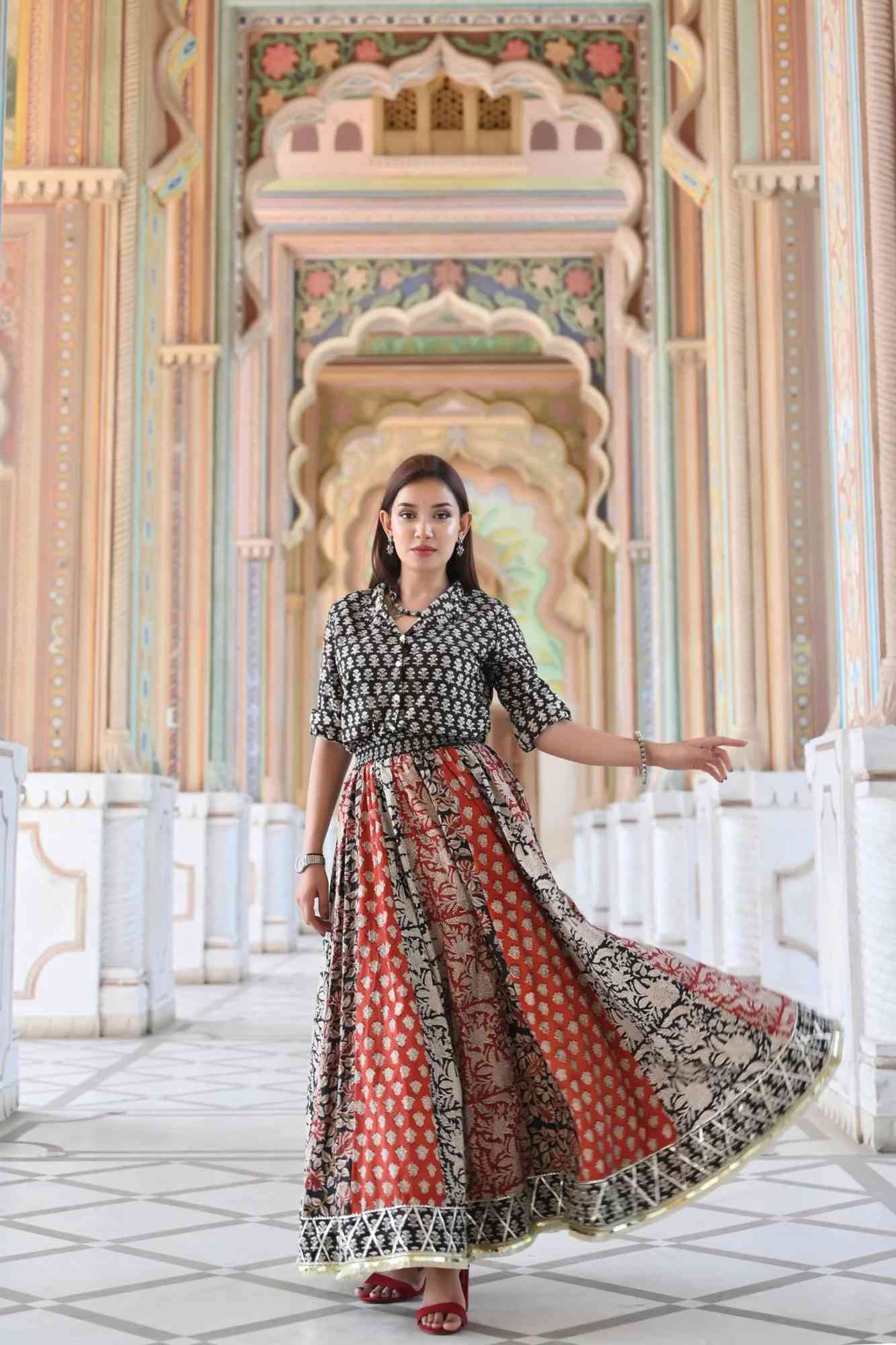Kalamkari Block print Kalidar Skirt and Mandarin Collar shirt| Made To Order