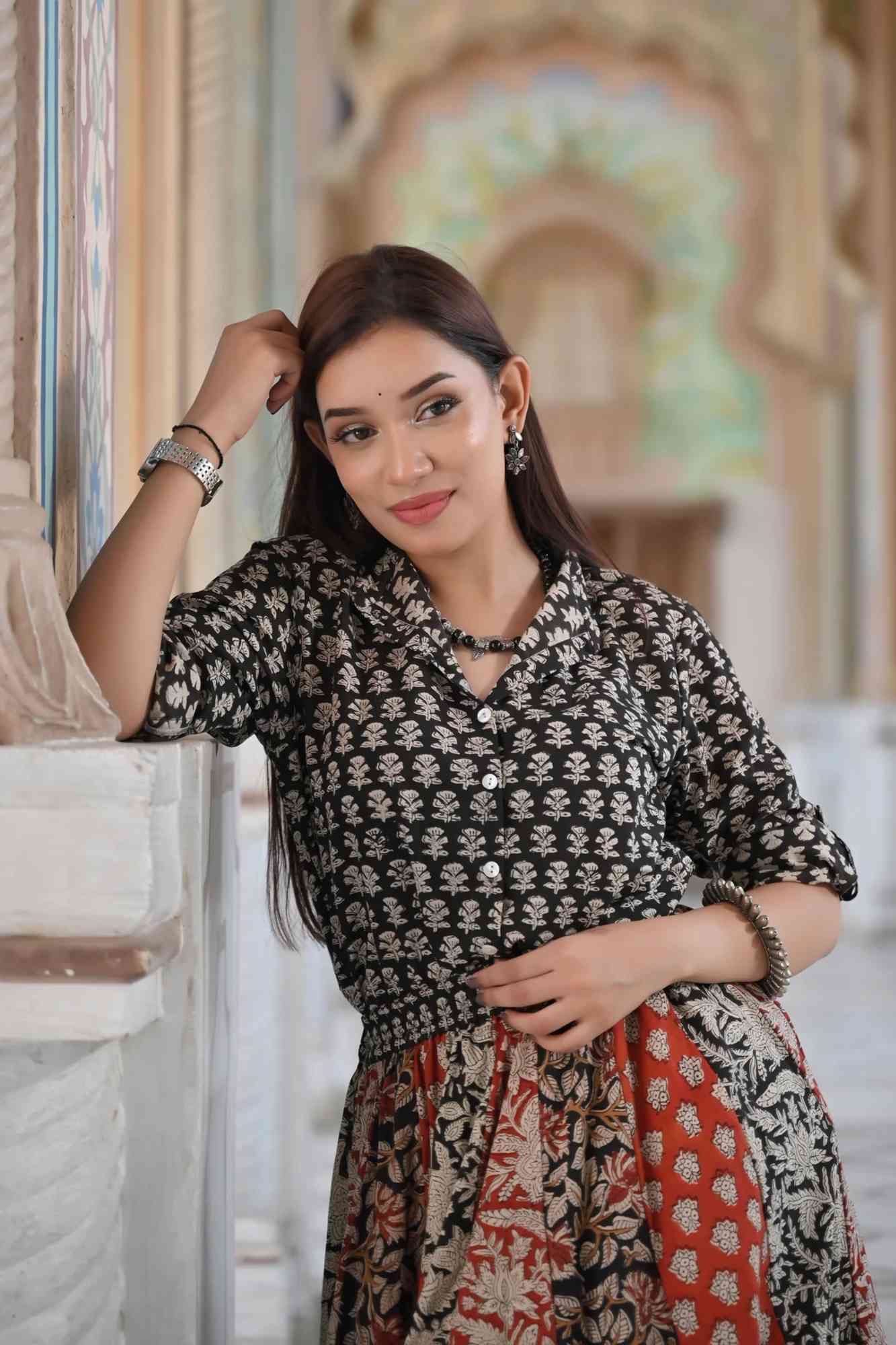 Kalamkari Block print Kalidar Skirt and Mandarin Collar shirt| Made To Order