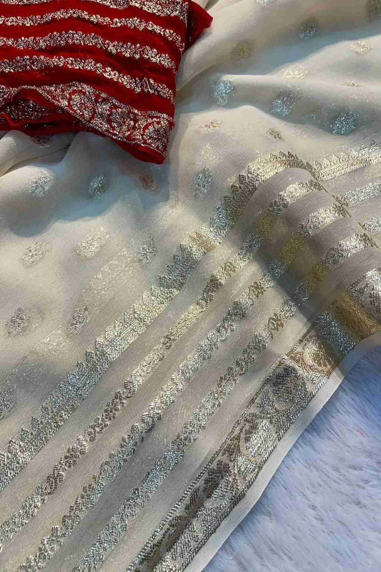 Georgette in Off-White with Gold/Silver Butti and Zari Border Ready To Wear Saree