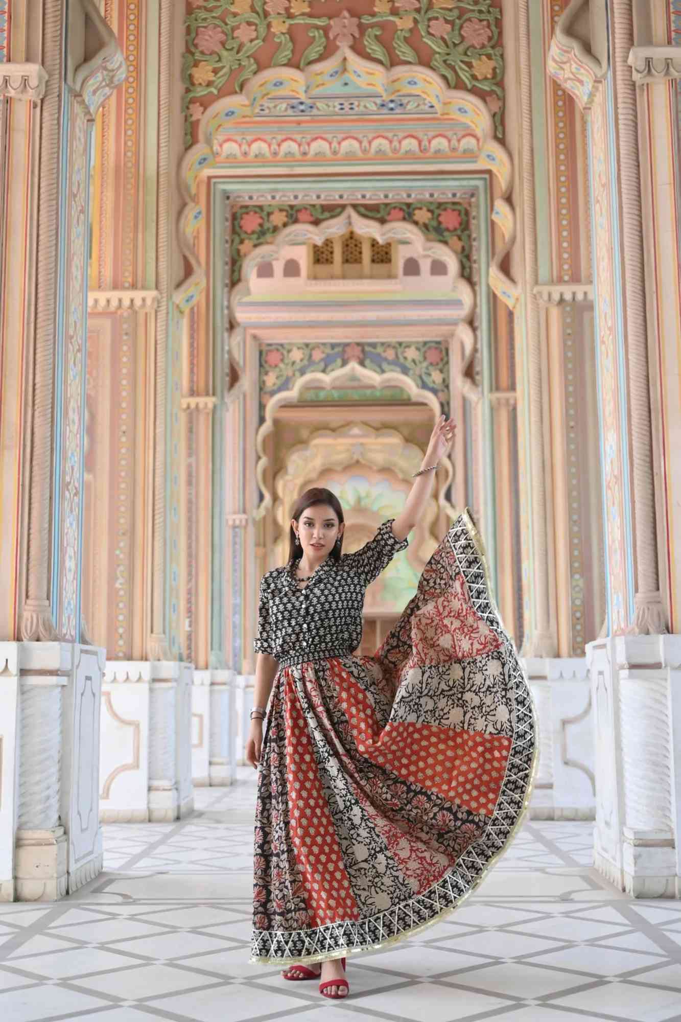 Kalamkari Block print Kalidar Skirt and Mandarin Collar shirt| Made To Order