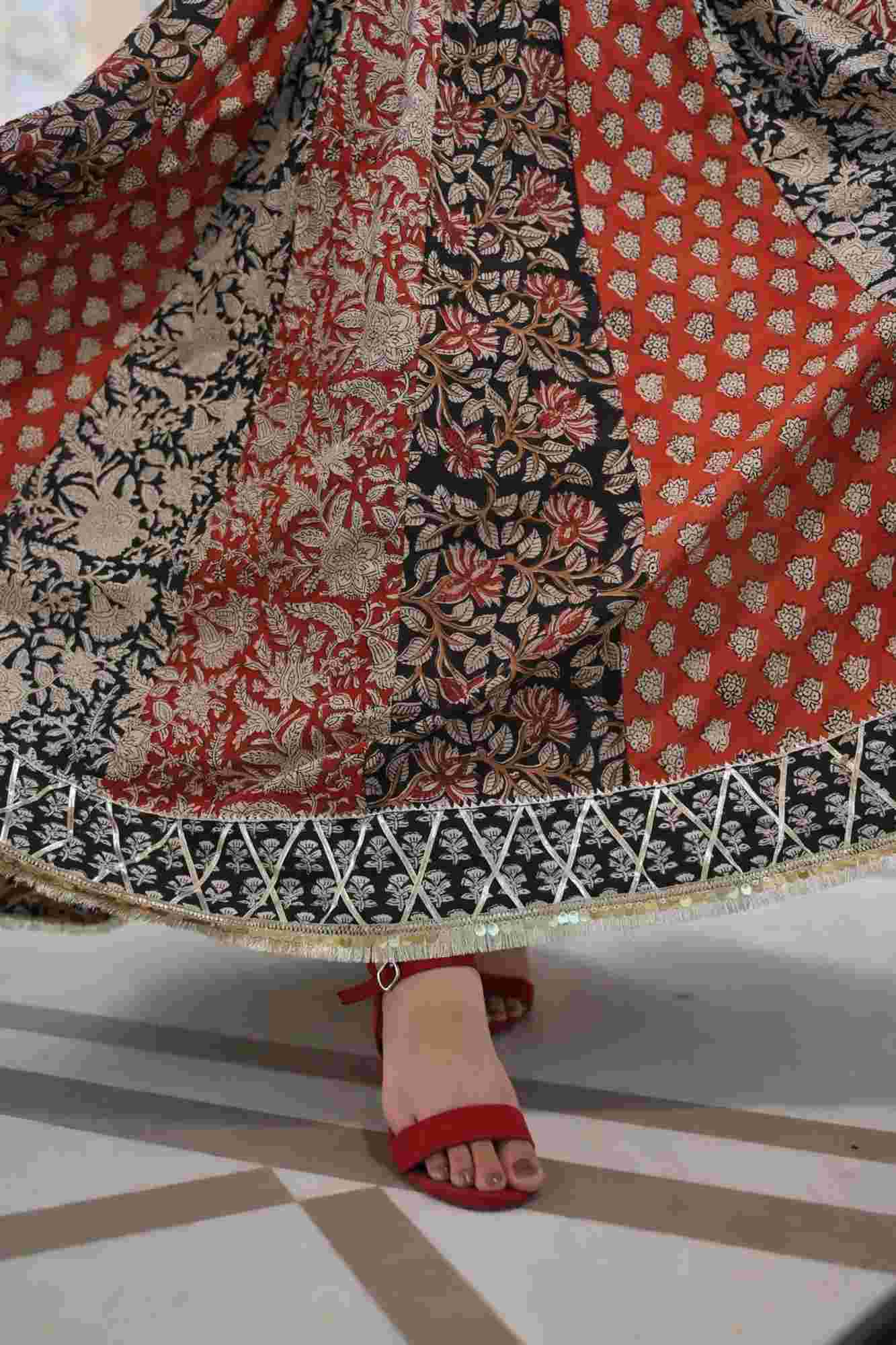 Kalamkari Block print Kalidar Skirt and Mandarin Collar shirt| Made To Order