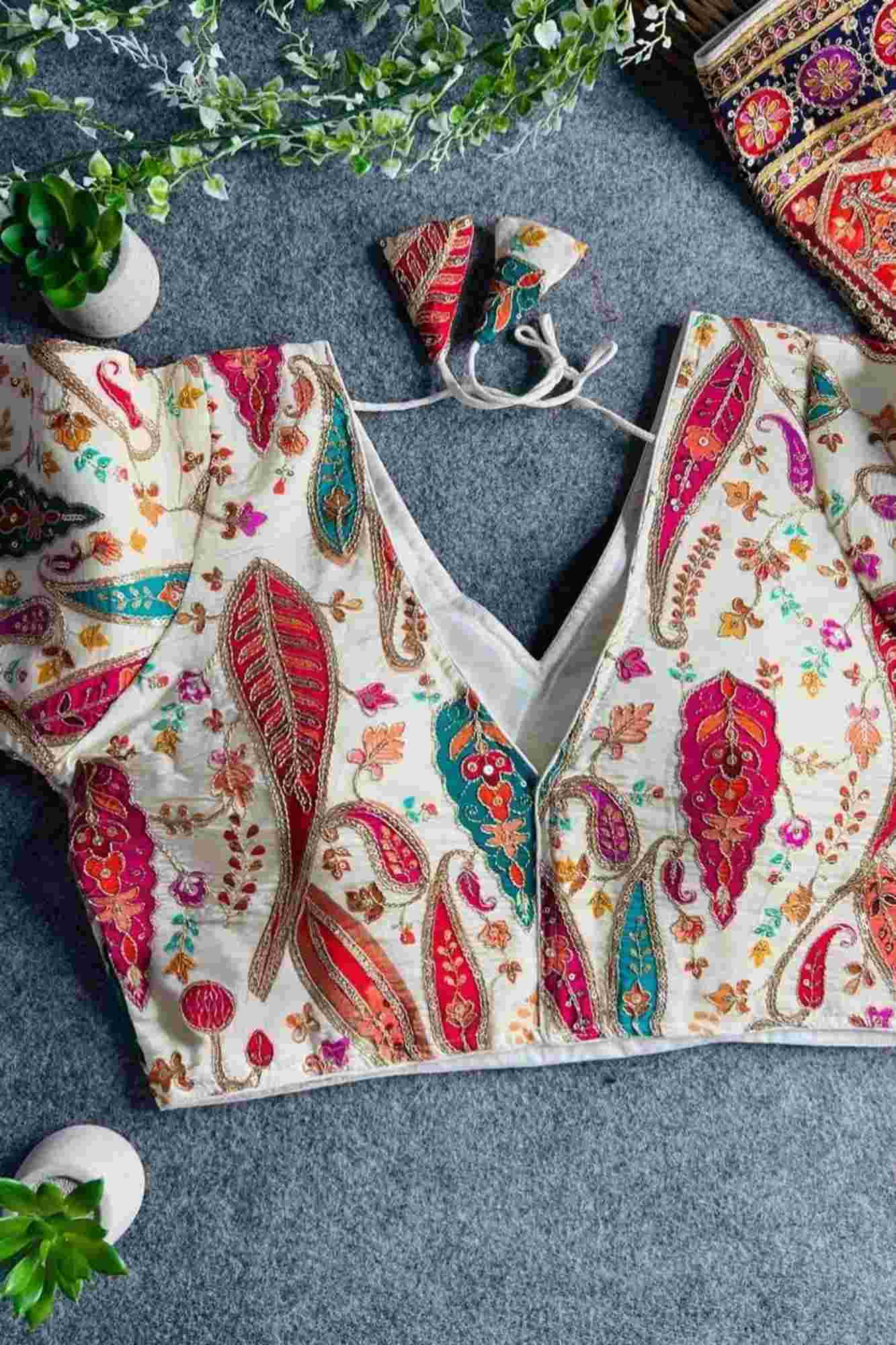 Heavy Chinon with Contrat Embroidery Ready to Wear Blouse