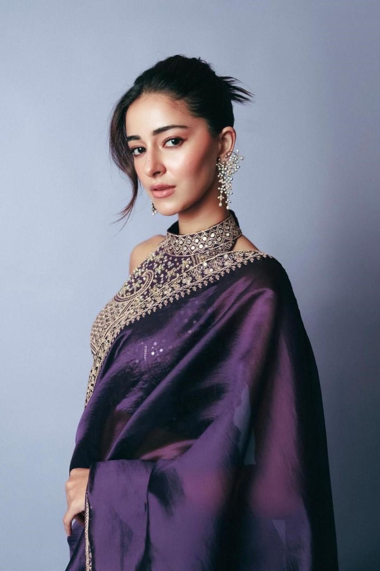 Cotton Organza Crepe Royal Purple with Zari Embroidery Ready To Wear Saree with ready halter blouse