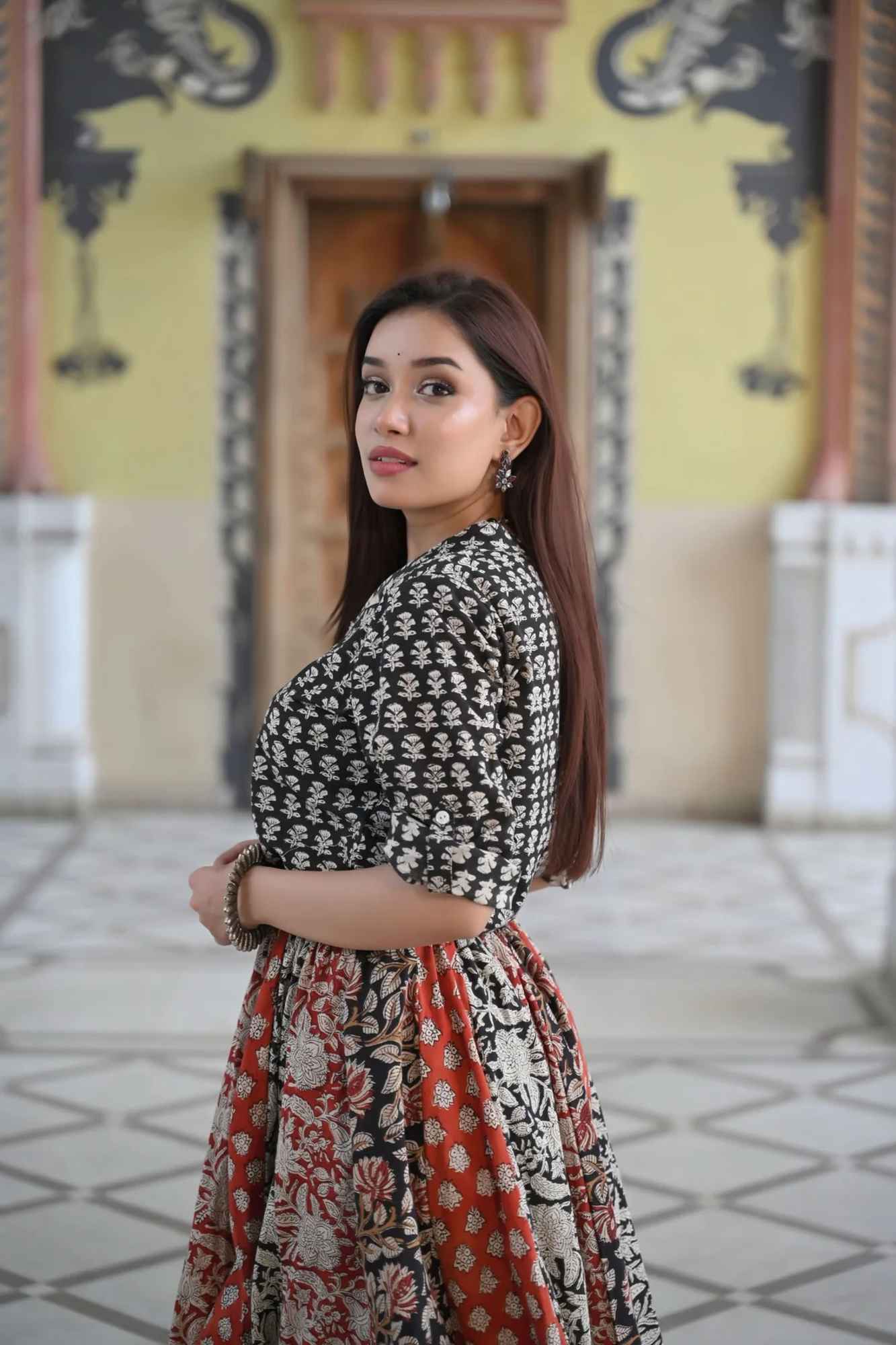 Kalamkari Block print Kalidar Skirt and Mandarin Collar shirt| Made To Order