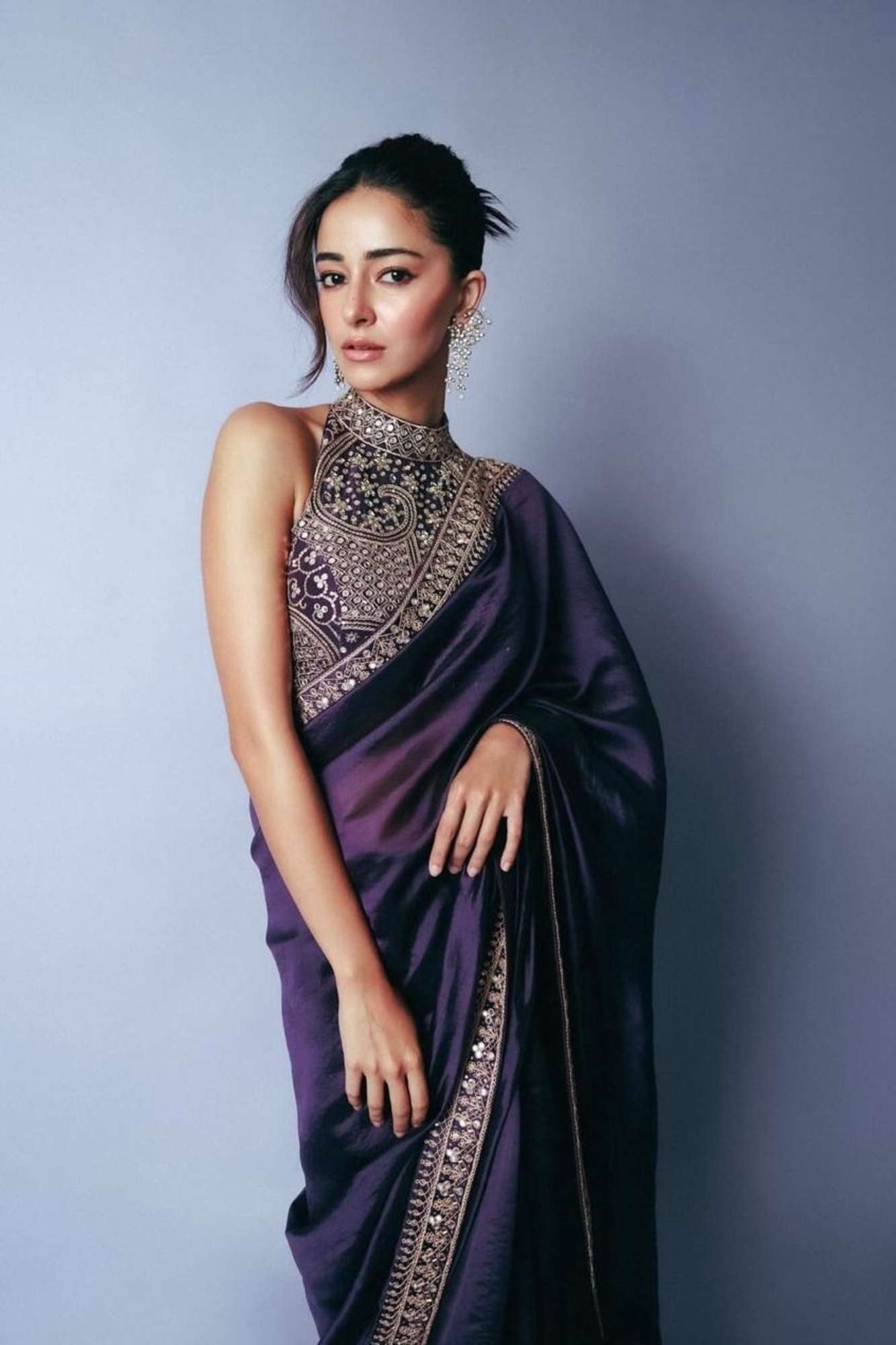 Cotton Organza Crepe Royal Purple with Zari Embroidery Ready To Wear Saree with ready halter blouse