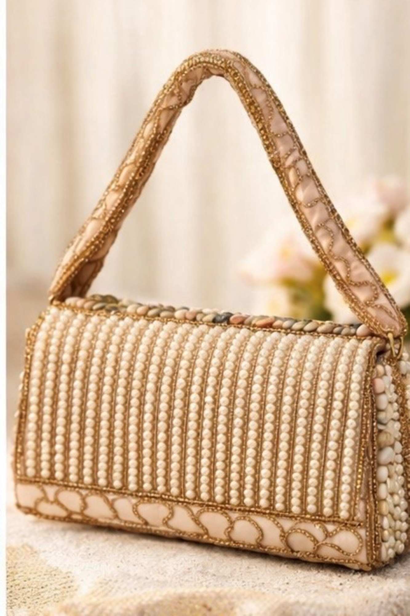 Handcrafted Seashell & Stone Embellished Statement Clutch Bag