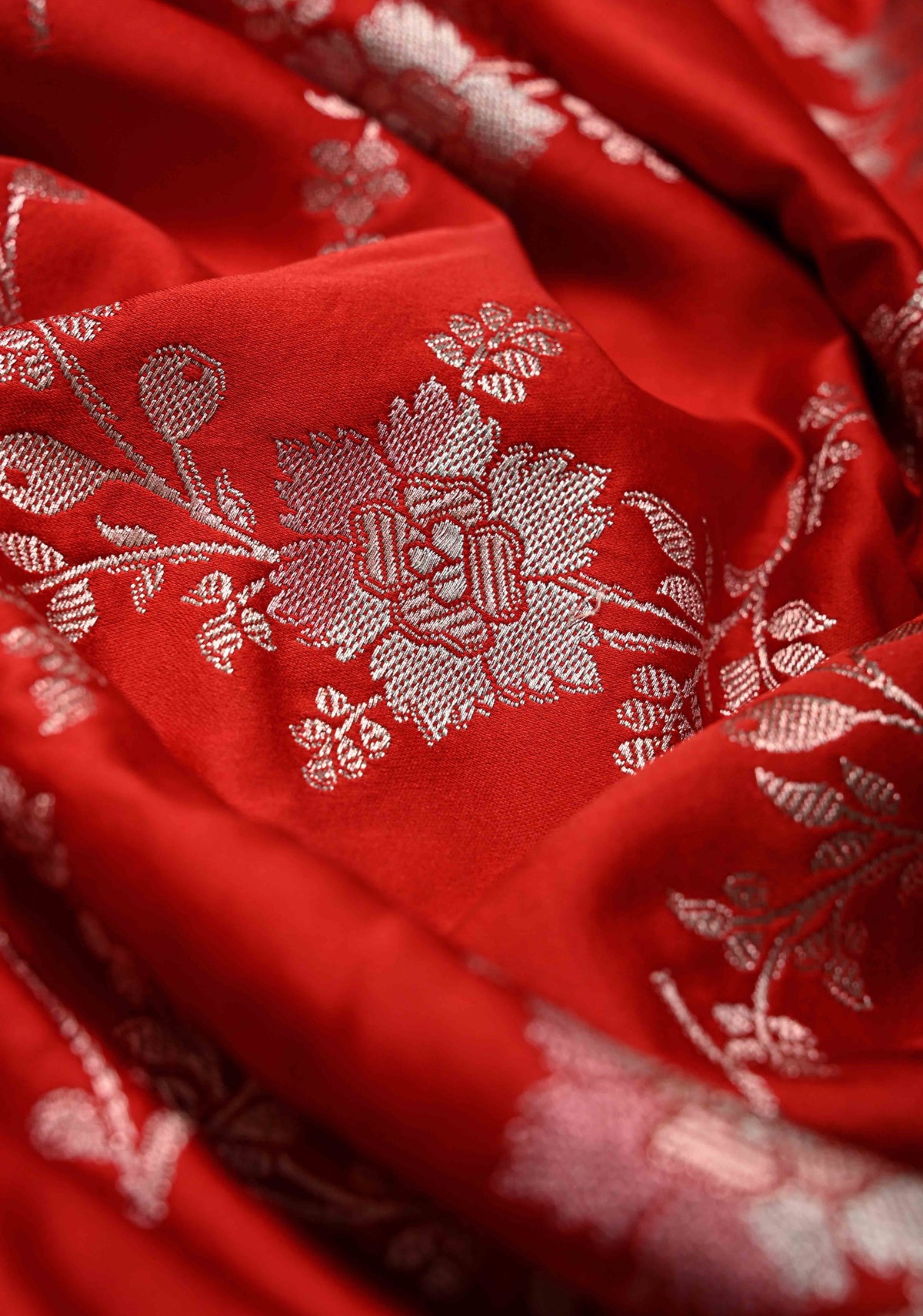 Red Banarasi Semi Mashru Silk Saree with alfi Floral Jaal and Zari Border | SHOBITAM