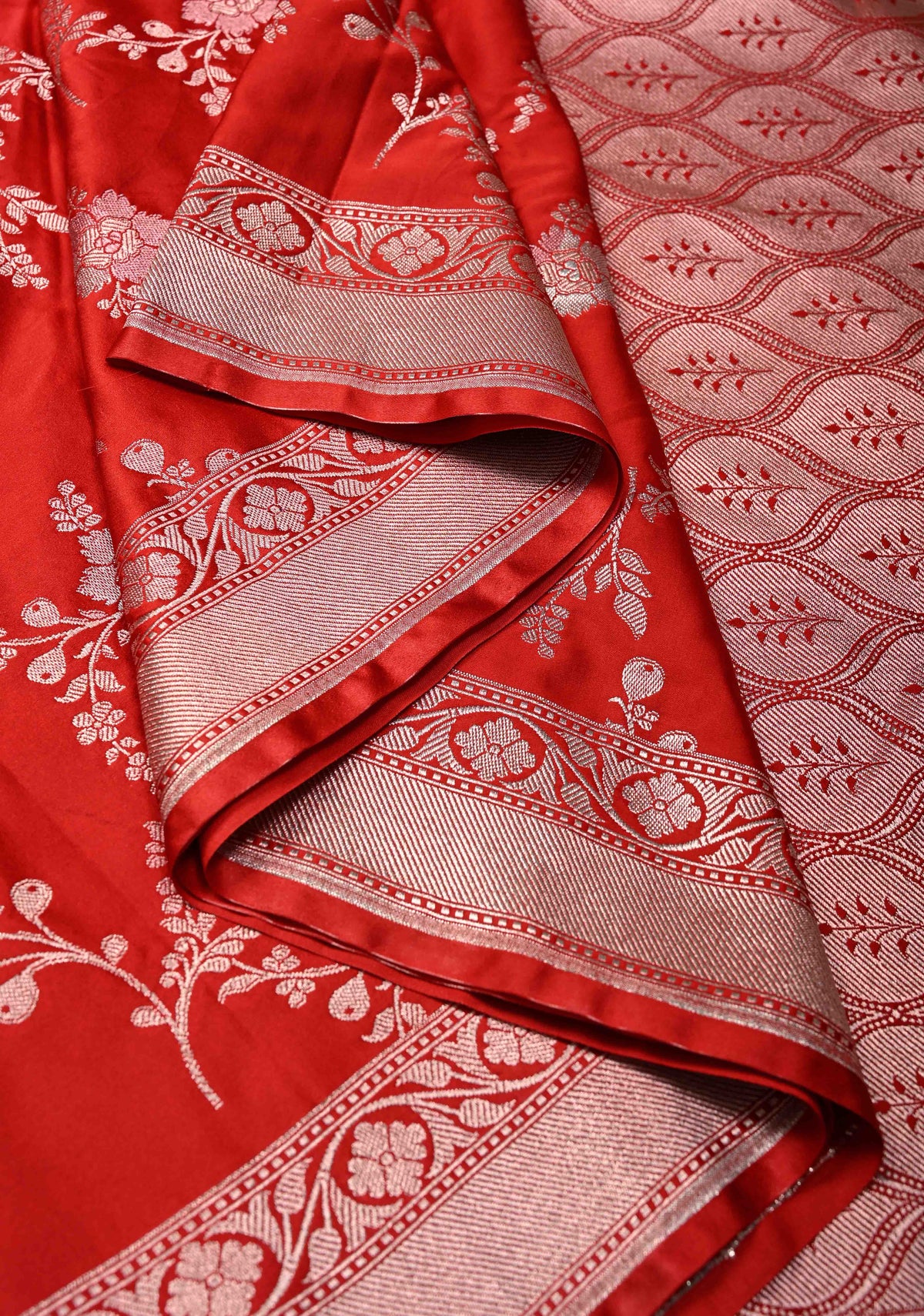 Red Banarasi Semi Mashru Silk Saree with alfi Floral Jaal and Zari Border | SHOBITAM