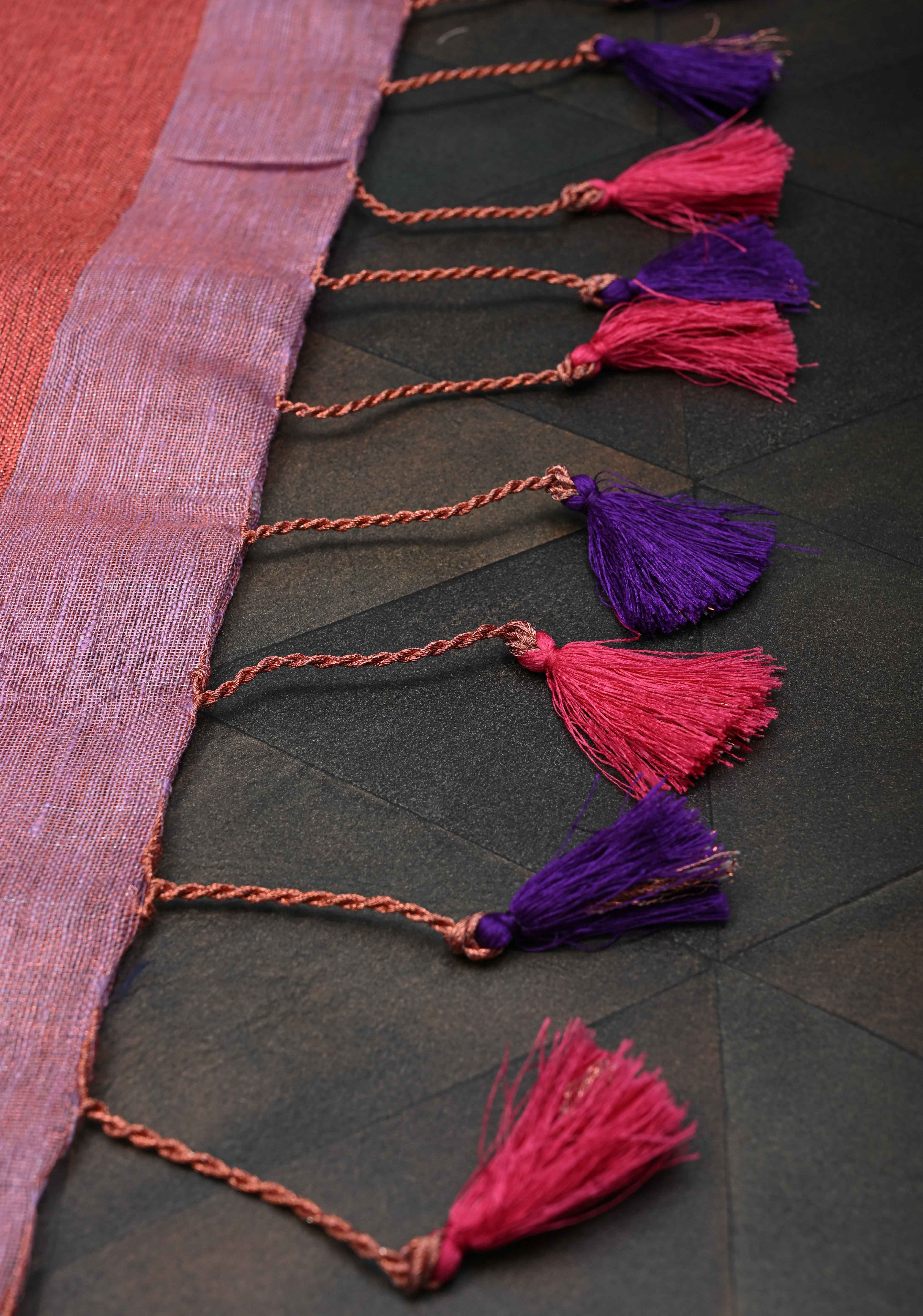 Pink Tissue Linen Saree with Thread Buttas Contrast Zari Border | Shobitam