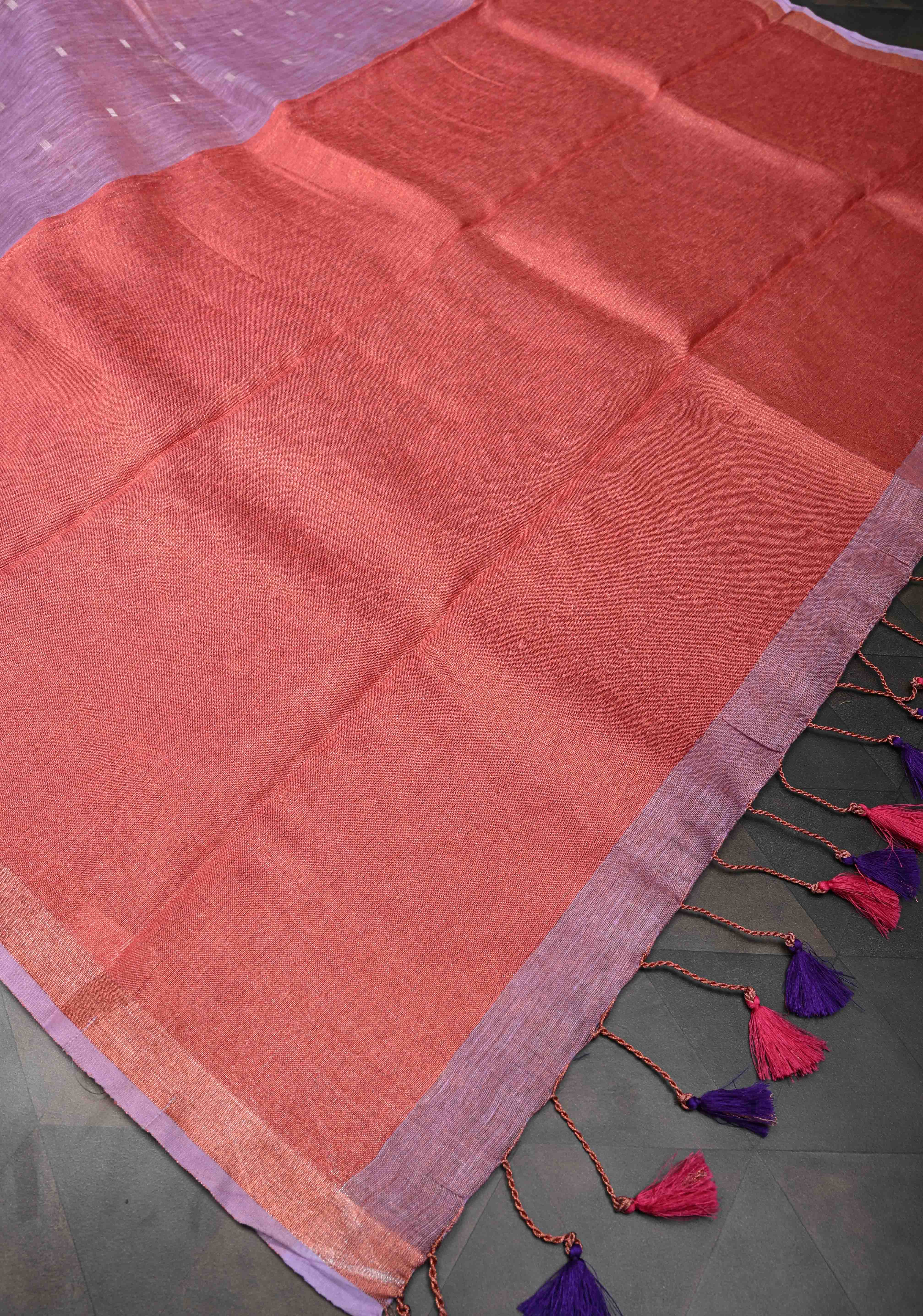 Pink Tissue Linen Saree with Thread Buttas Contrast Zari Border | Shobitam