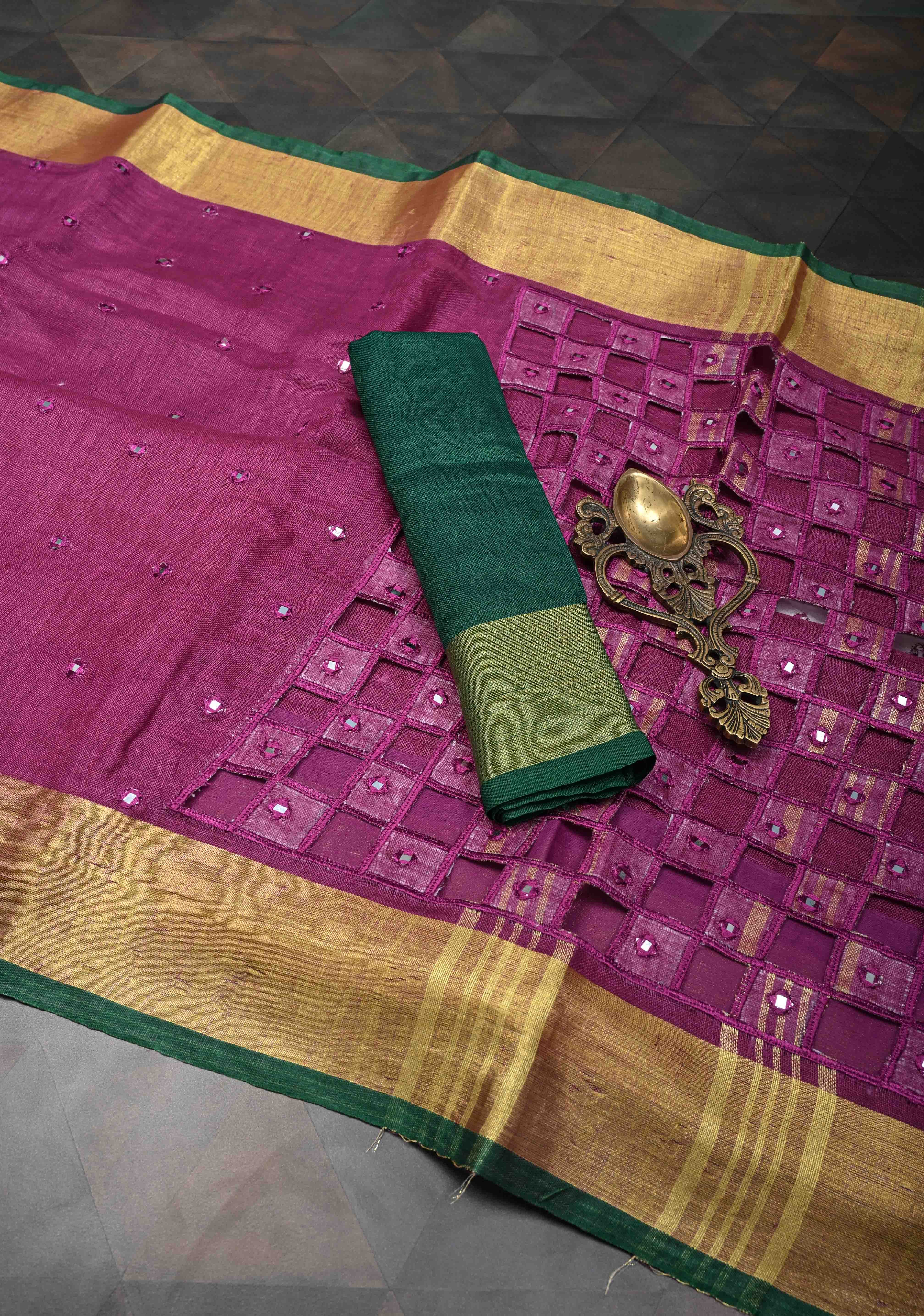 Magenta Cutwork and Mirror Work Tissue Linen Saree with dramatic tassels | Shobitam