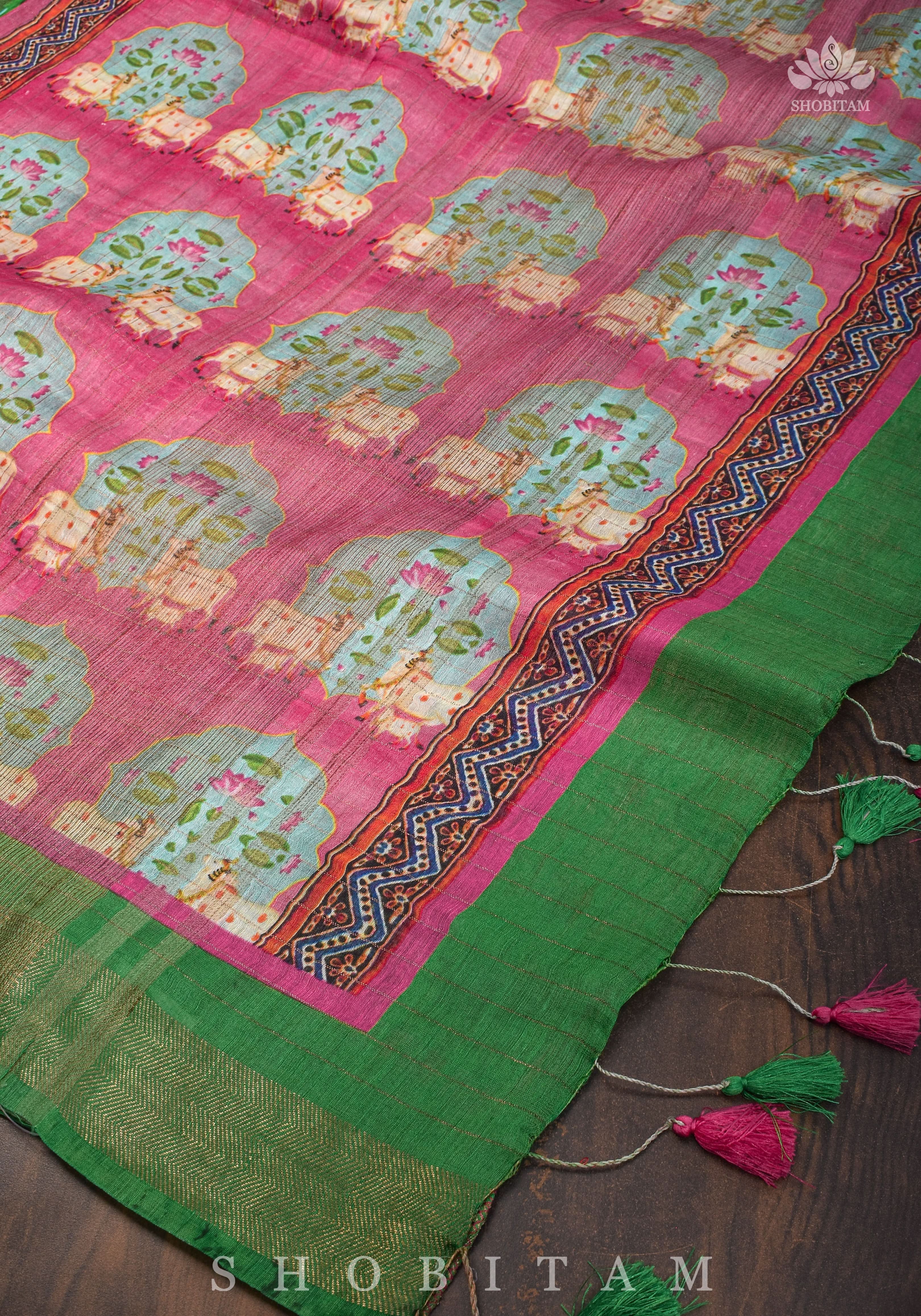 Silk Linen Saree with Pichwai Digital Print | Shobitam Saree