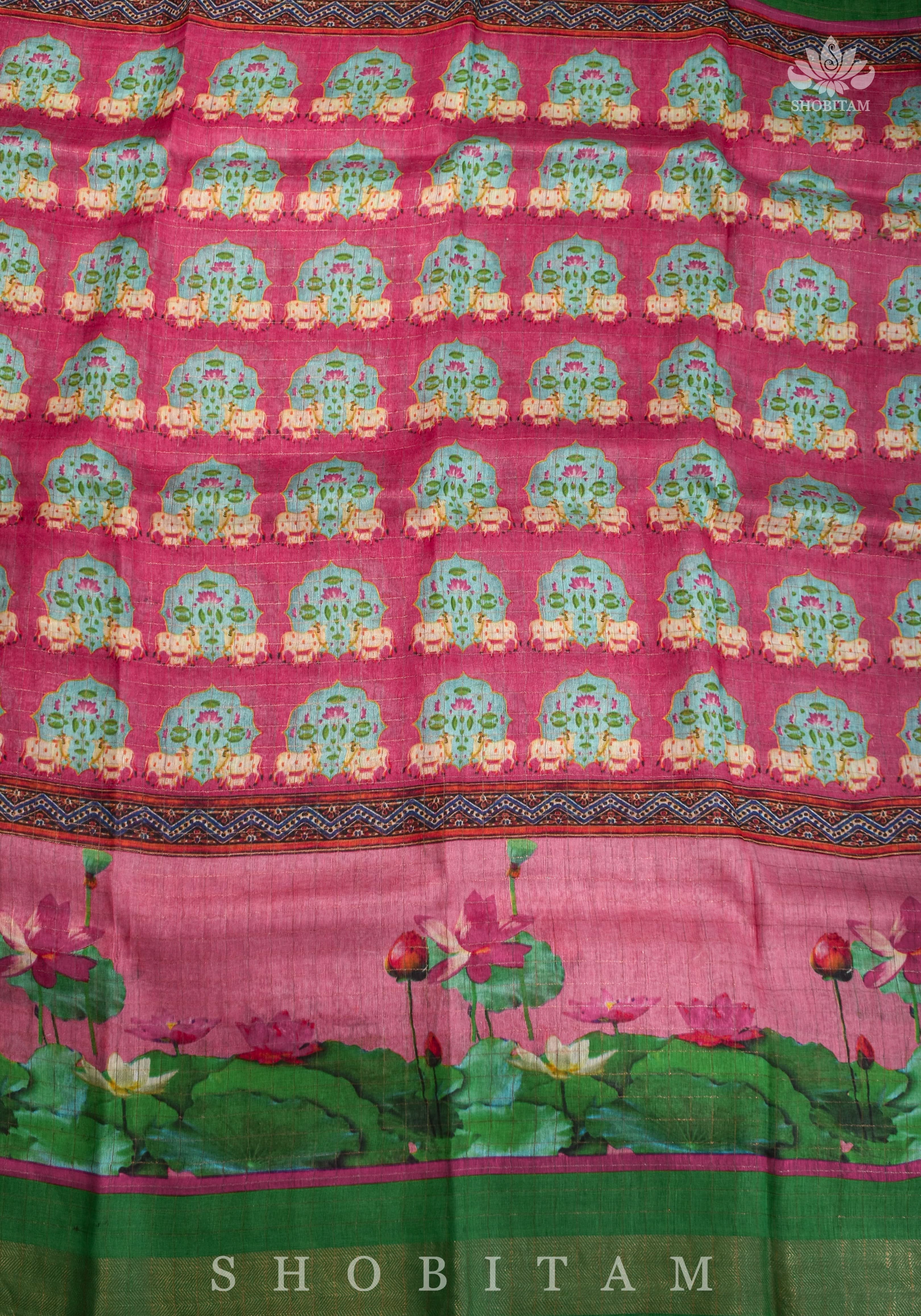 Silk Linen Saree with Pichwai Digital Print | Shobitam Saree