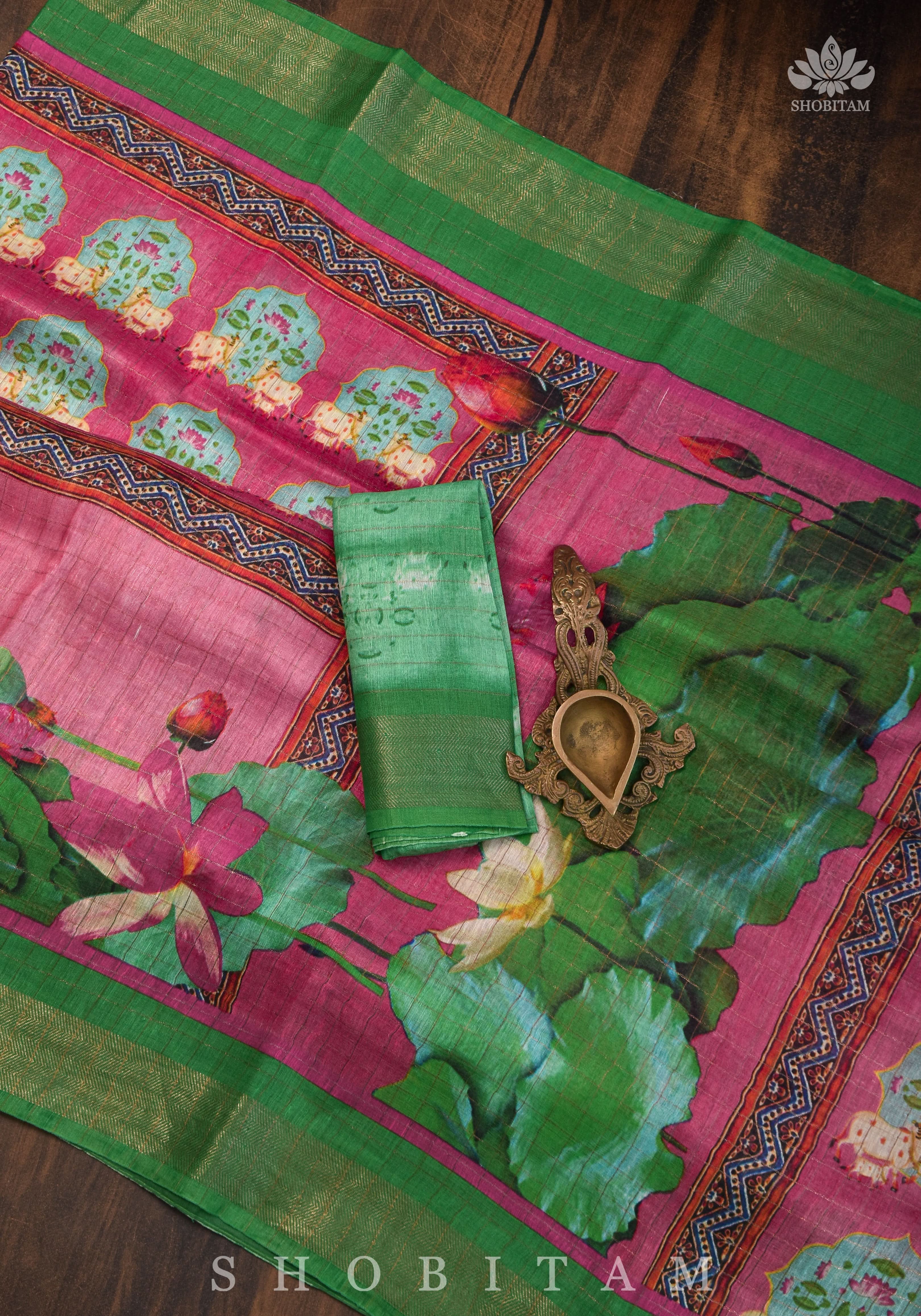 Silk Linen Saree with Pichwai Digital Print | Shobitam Saree
