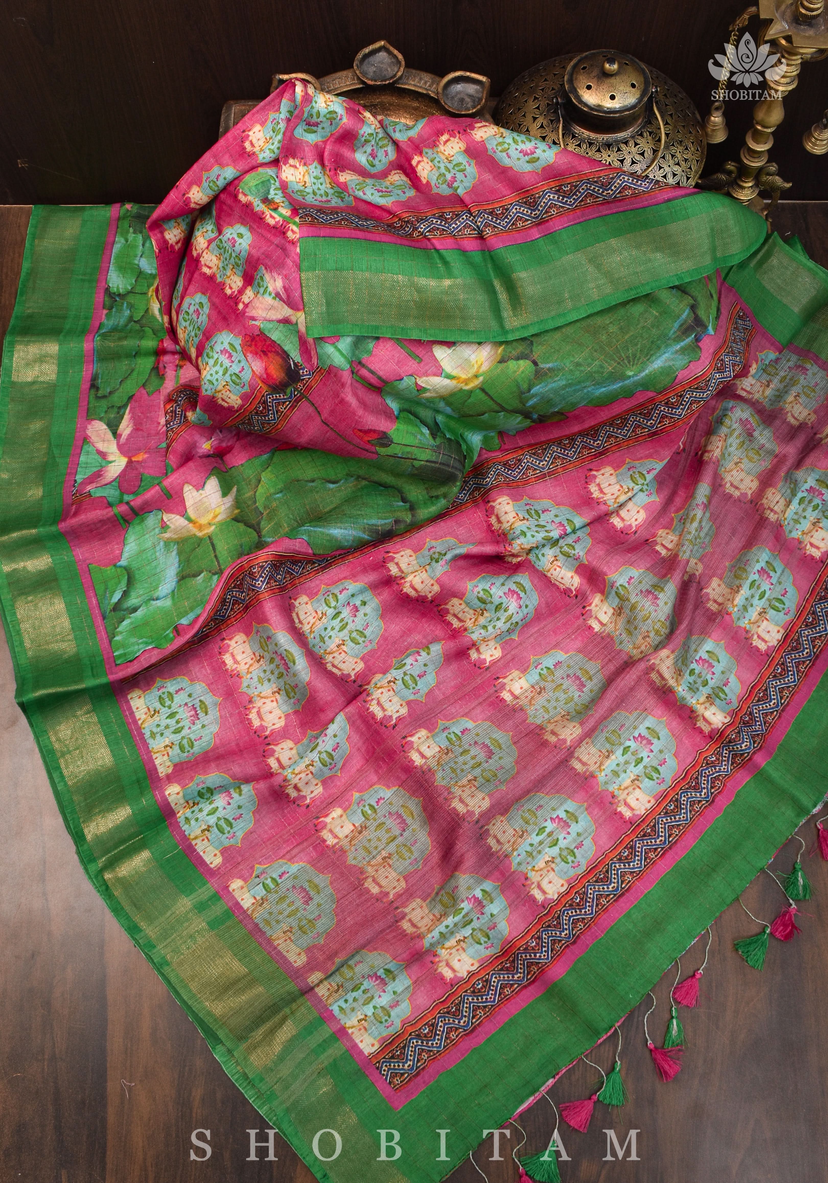 Silk Linen Saree with Pichwai Digital Print | Shobitam Saree