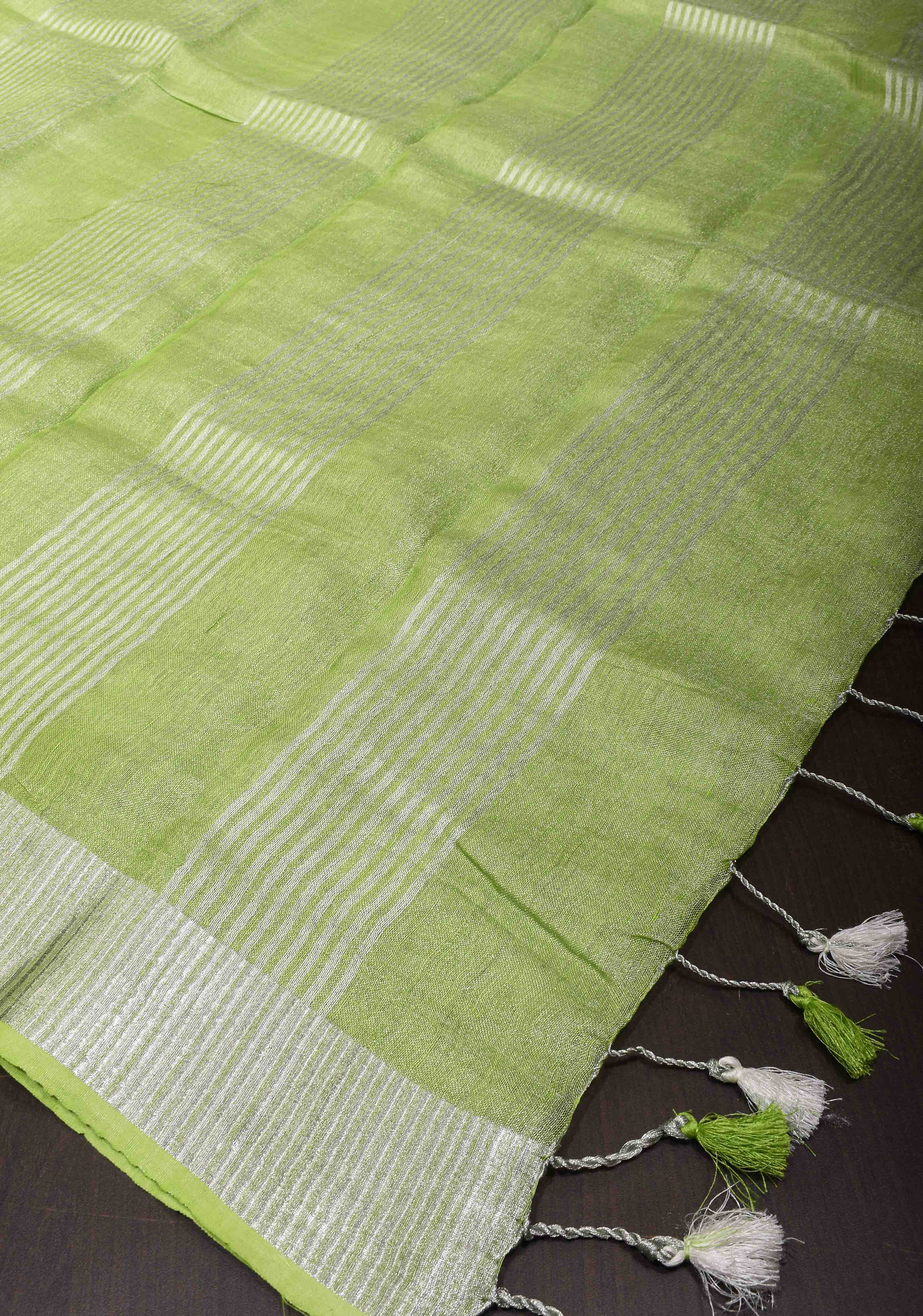 Parrot Green Linen Saree with Parijaat Flower Embroidery | Shobitam saree