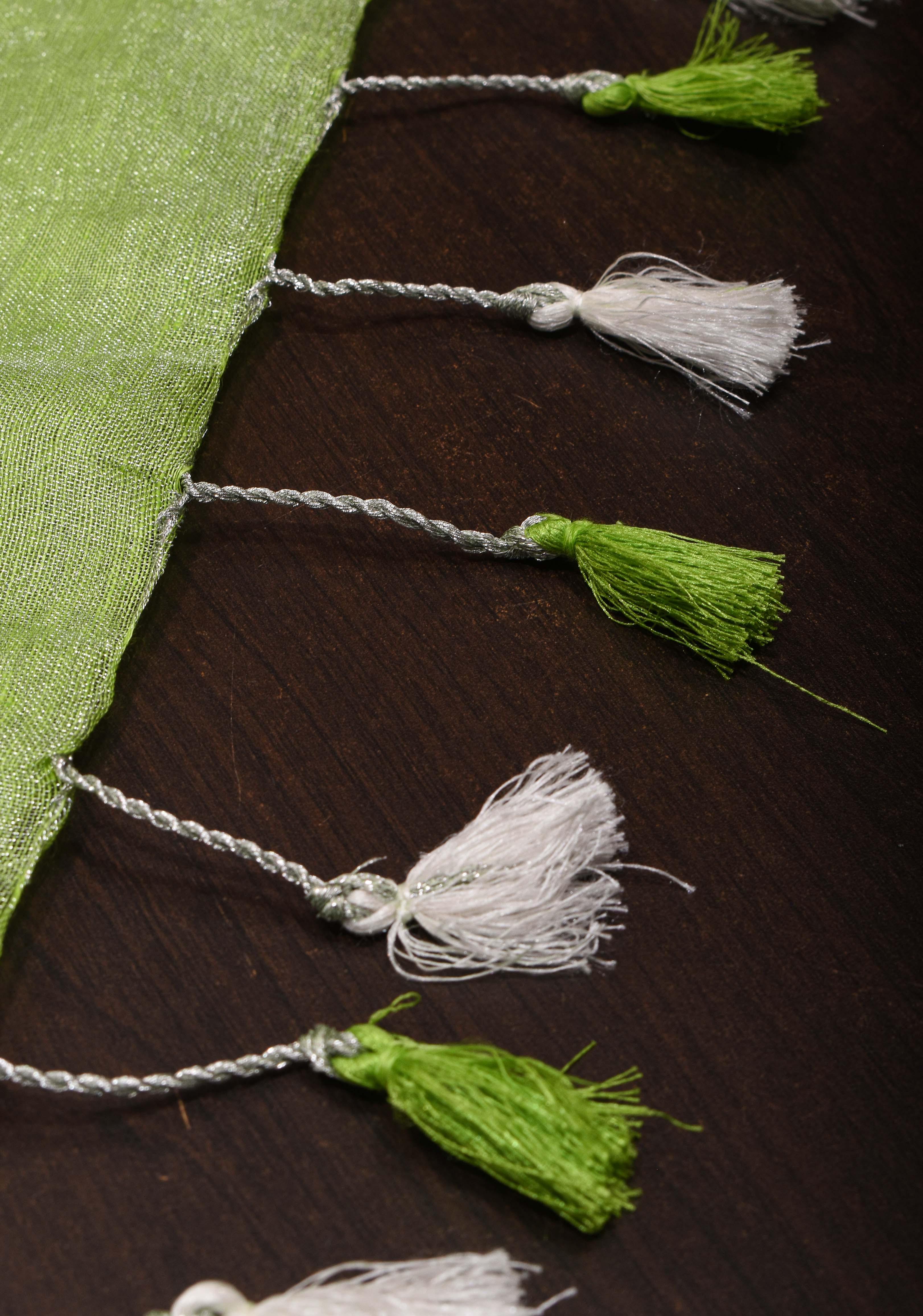 Parrot Green Linen Saree with Parijaat Flower Embroidery | Shobitam saree